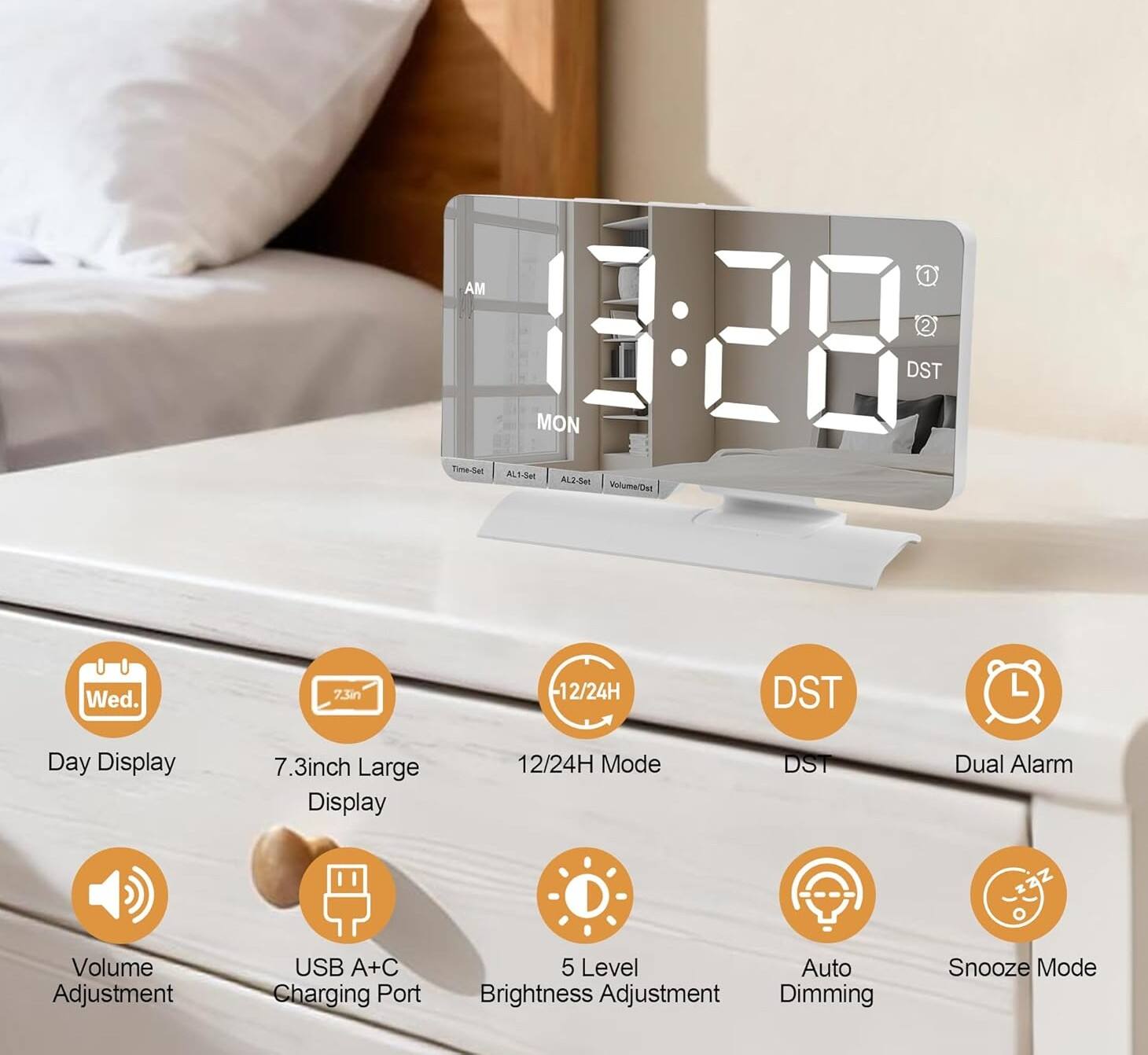 1 AM 2 MON 13:28 DST  
Time-Set AL1-Set AL2-Set Volume  
Wed. 7.3i -12/24H DST Day Display  
7.3inch Large Display 12/24H Mode DST  
Dual Alarm Volume Adjustment  
USB A+C Charging Port 5 Level Auto Brightness Adjustment Dimming Snooze Mode