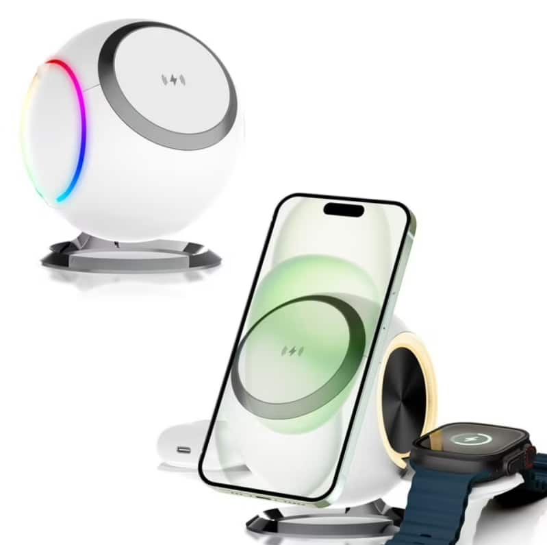 Gravity Ridge - 3 in 1 iPhone Charger Stand Wireless Magsafe Charging Station for iPhone 16/15/14/13/12 & AirPods 2/3 iWatch 2-9 Series - White