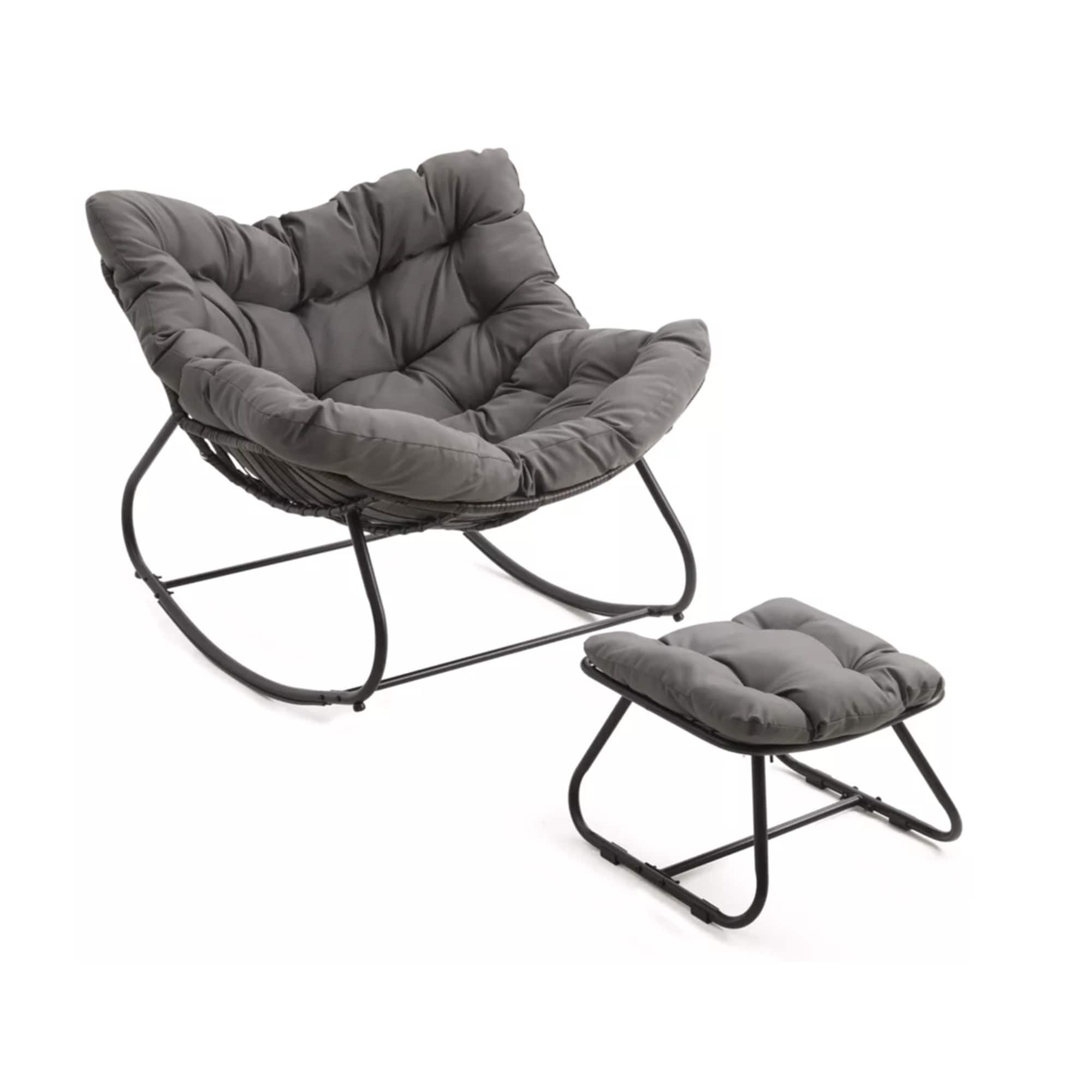 Mondawe - Wicker Egg Rocking Chair with Ottoman and Cushions - Gray