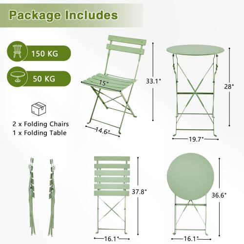 Package Includes

- 150 KG
- 50 KG
- 2 x Folding Chairs
- 1 x Folding Table

Dimensions:
- Folding Chairs: 15" x 14.6" x 33.1"
- Folding Table: 28" x 19.7" x 37.8"
- Other Items: 36.6" x 16.1" x 16.1"