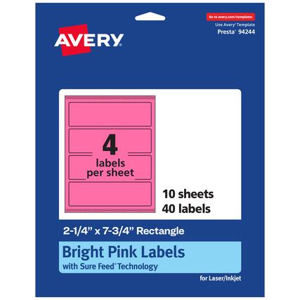 Go to avery.com/templates
Use Avery Template Presta® 94244
4 labels per sheet
10 sheets
40 labels
2-1/4" x 7-3/4" Rectangle
Bright Pink Labels with Sure Feed® Technology for Laser/Inkjet