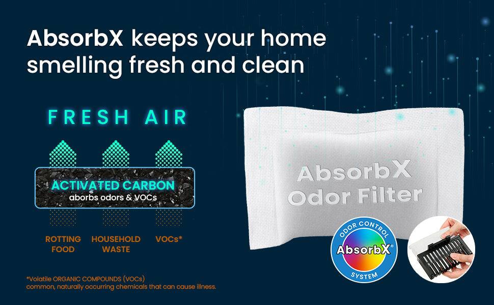 AbsorbX keeps your home smelling fresh and clean

FRESH AIR

ACTIVATED CARBON
absorbs odors & VOCs

ROTTING FOOD
HOUSEHOLD WASTE
VOCs*

*Volatile ORGANIC COMPOUNDS (VOCs) common, naturally occurring chemicals that can cause illness.

AbsorbX Odor Filter

ODOR CONTROL
AbsorbX SYSTEM