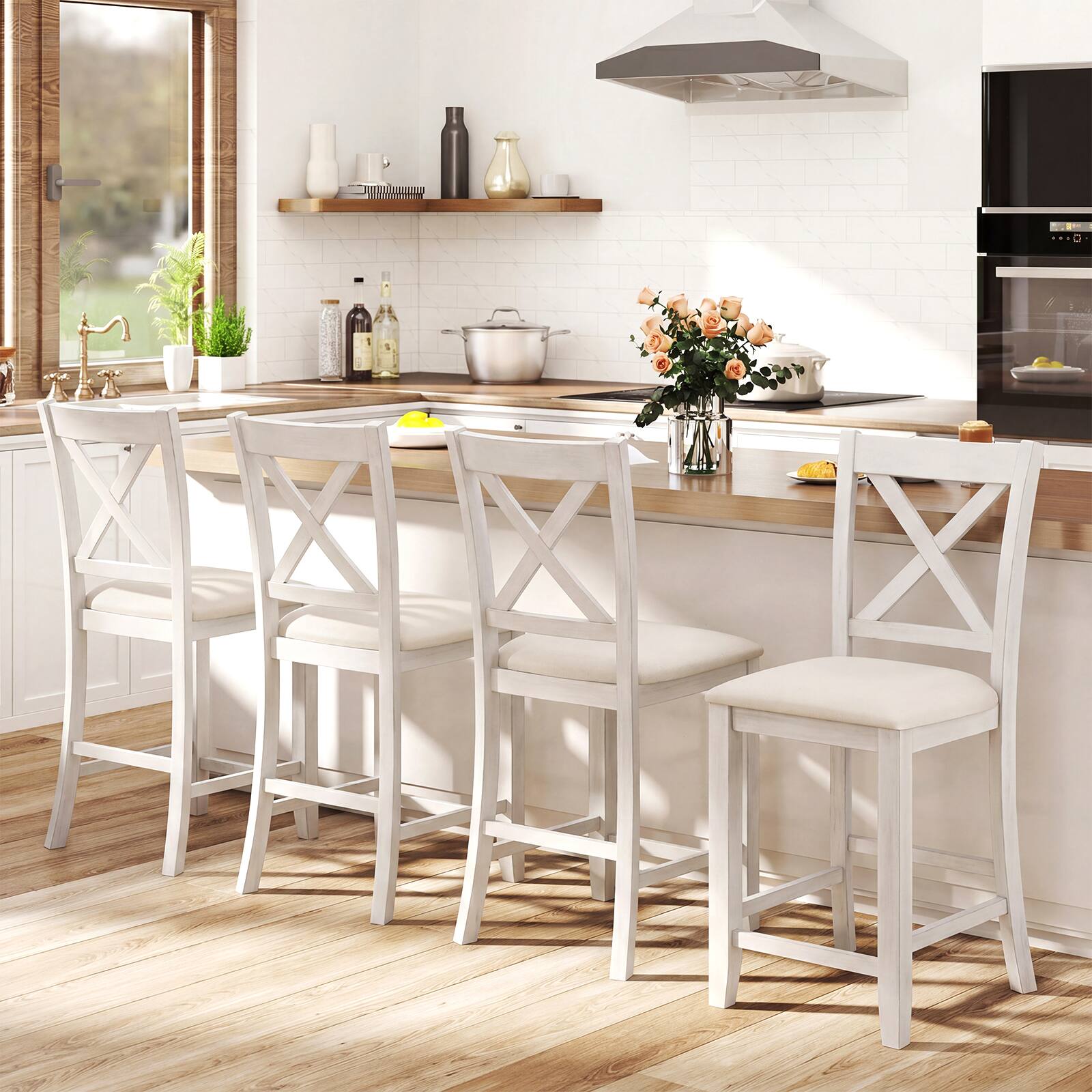 Alt View 1. Costway - Costway Rubber Wooden Bar Stools Set of 4 with Footrest Comfortable Linen Cushion - White.