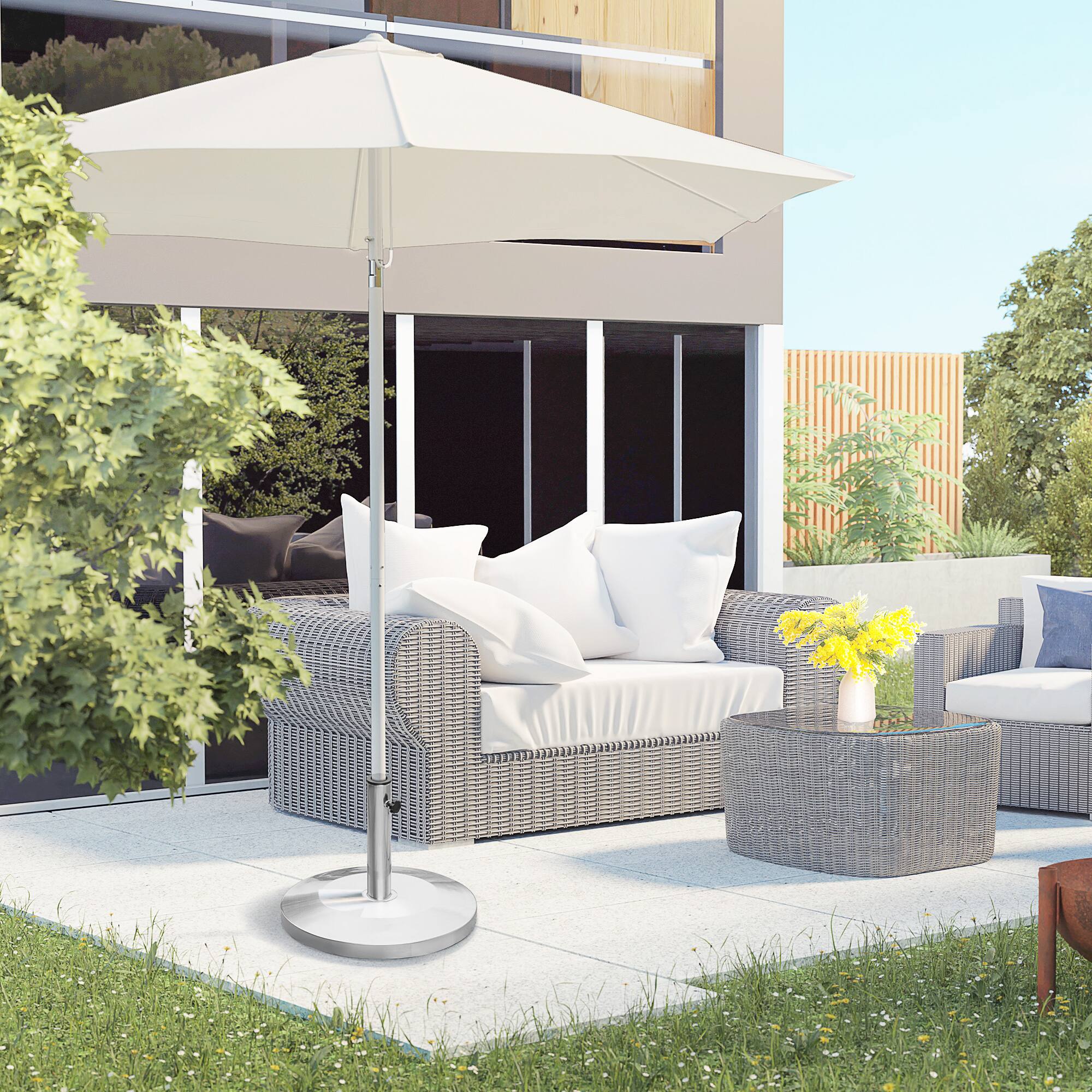 Angle. Outsunny - 55lb Round Stainless Steel Outdoor Patio Umbrella Stand Base with Heavy Cement Bottom & Mirror Finish - Silver.