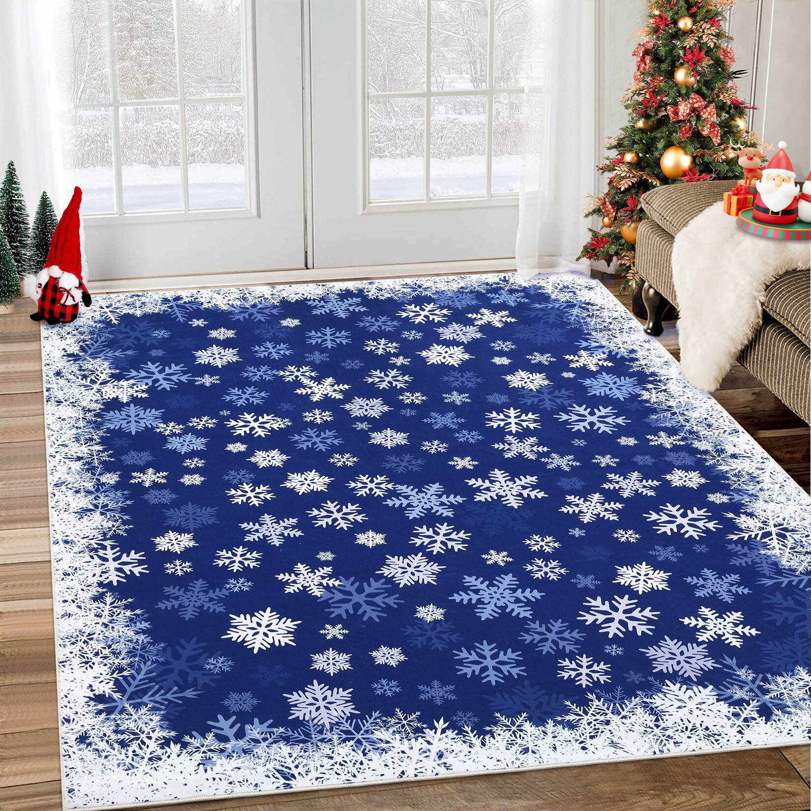 Alt View 1. Acekool - Snowflake Machine Washable Low Pile Christmas Area Rug Non Slip Foldable Holiday Doormat for Bedroom Kitchen Bathroom - Blue.