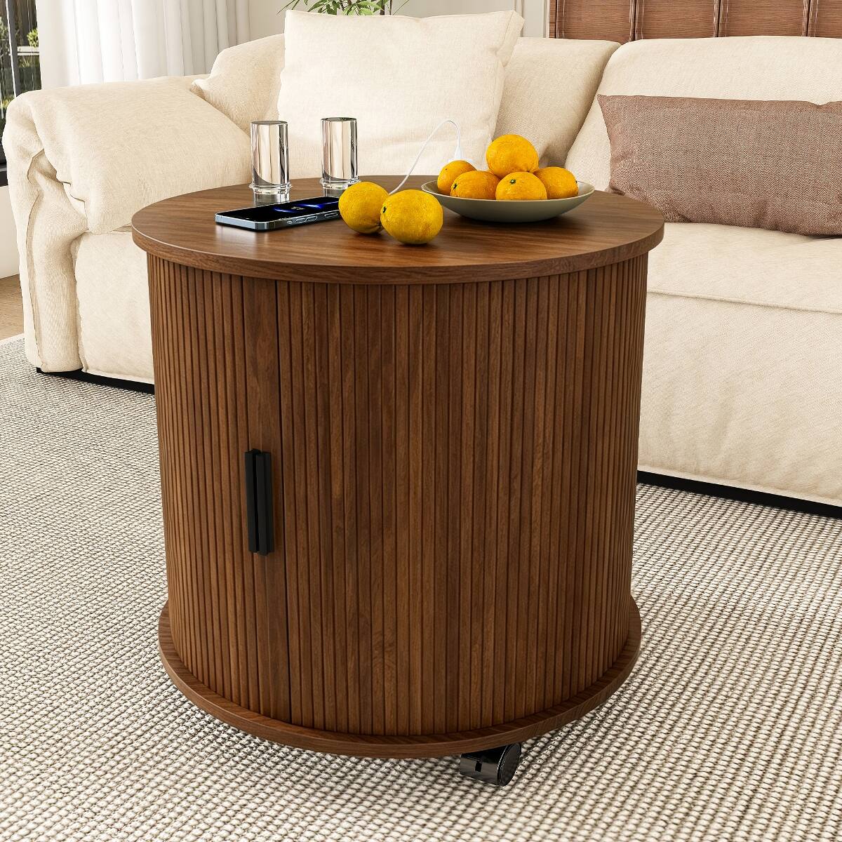 Alt View 10. Loheer - Loheer Set of 2 Walnut Nightstands with Built-In Charging Stations and Sliding Doors - Walnut.