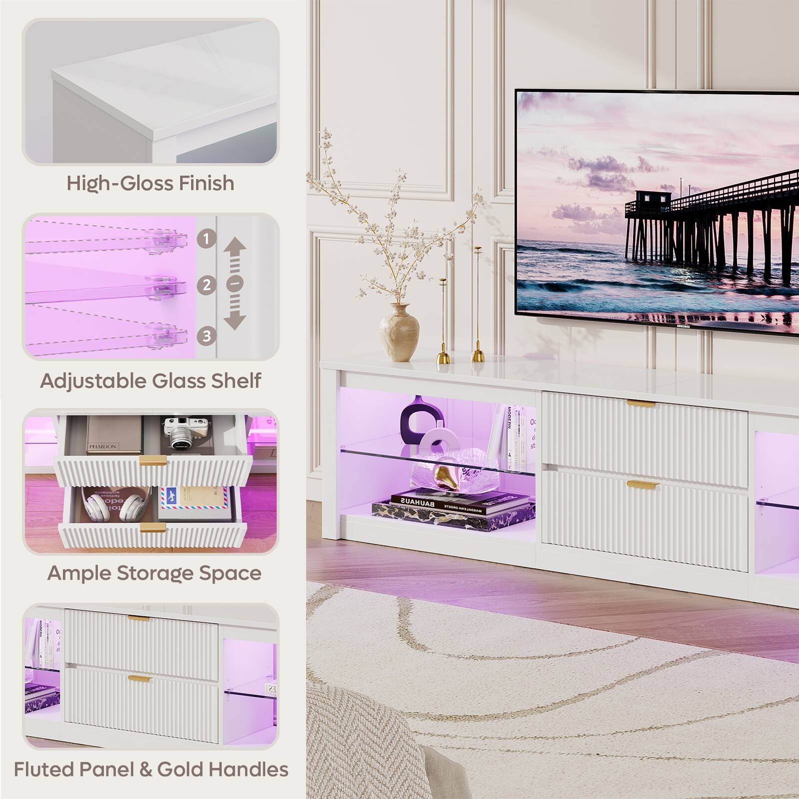 High-Gloss Finish  
Adjustable Glass Shelf  
Ample Storage Space  
Fluted Panel & Gold Handles