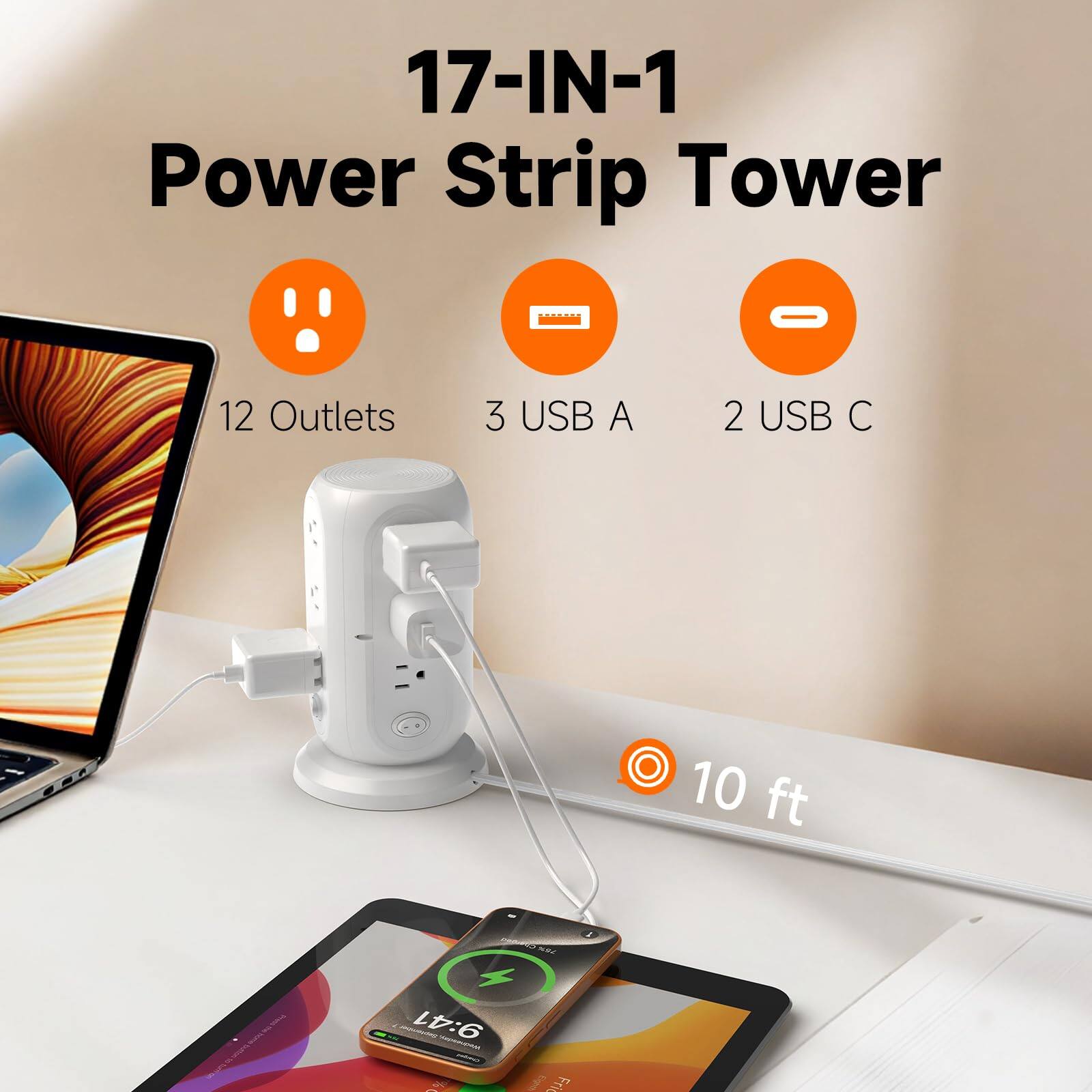 17-IN-1 Power Strip Tower  
12 Outlets  
3 USB A  
2 USB C  
10 ft