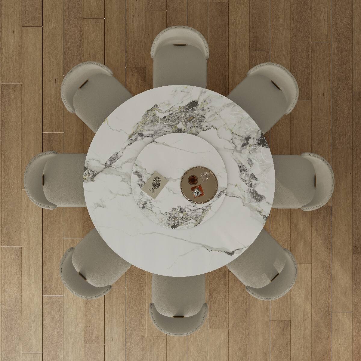 Alt View 4. Loheer - Loheer Sintered Stone Dining Table, 59-Inch Round Table with Gold Stainless Steel Hourglass Base - Gold and White.