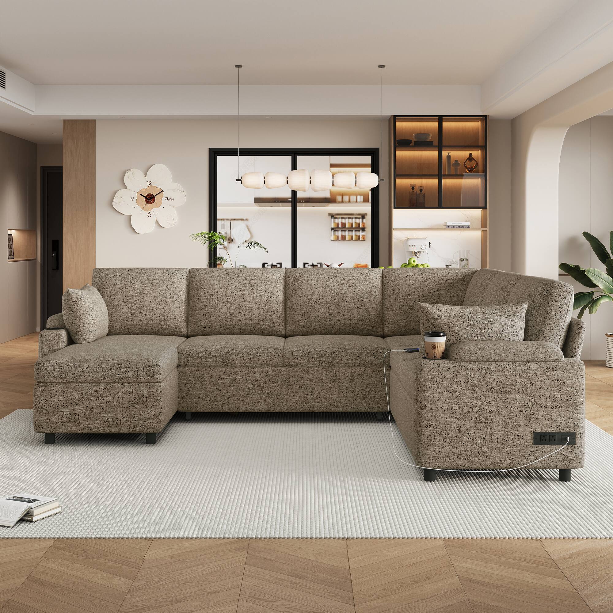 Angle. Whisen - 110" U-Shaped Sectional Sofa Bed with Storage Chaise,USB Ports & Cup Holders for Living Room - Brown.