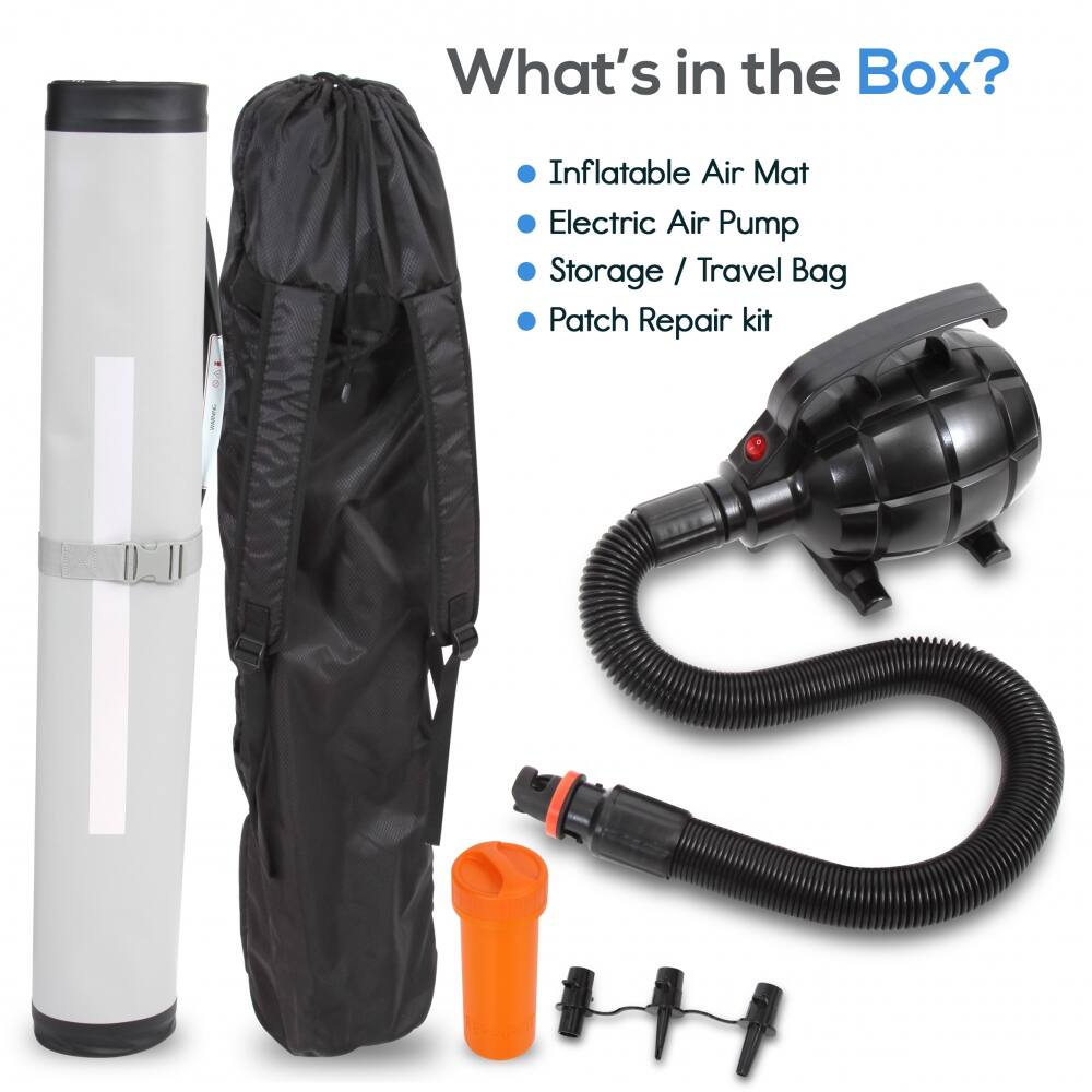 What's in the Box?

- Inflatable Air Mat
- Electric Air Pump
- Storage / Travel Bag
- Patch Repair Kit