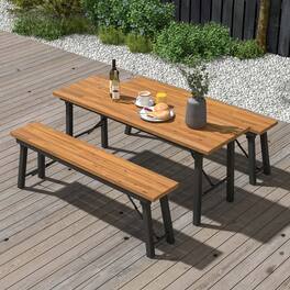 Costway - Folding Picnic Table & Bench Set Dining Table with Metal Frame for 4 or 6 Persons - Natural