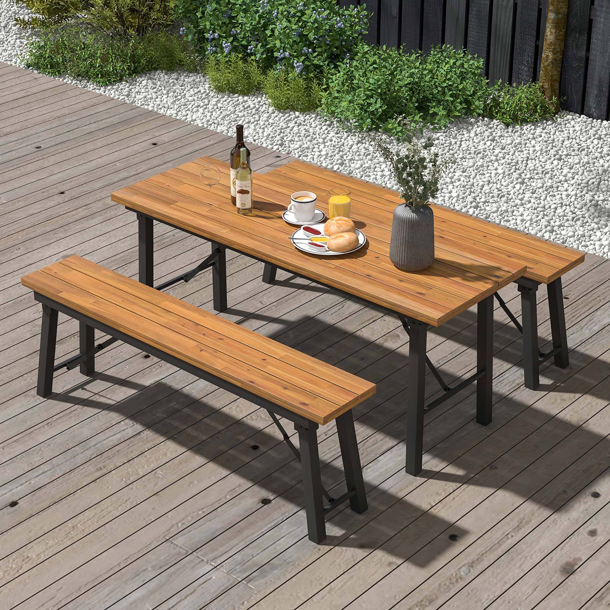 Alt View 1. Costway - Costway Folding Picnic Table & Bench Set Dining Table with Metal Frame for 4 or 6 Persons - Natural.
