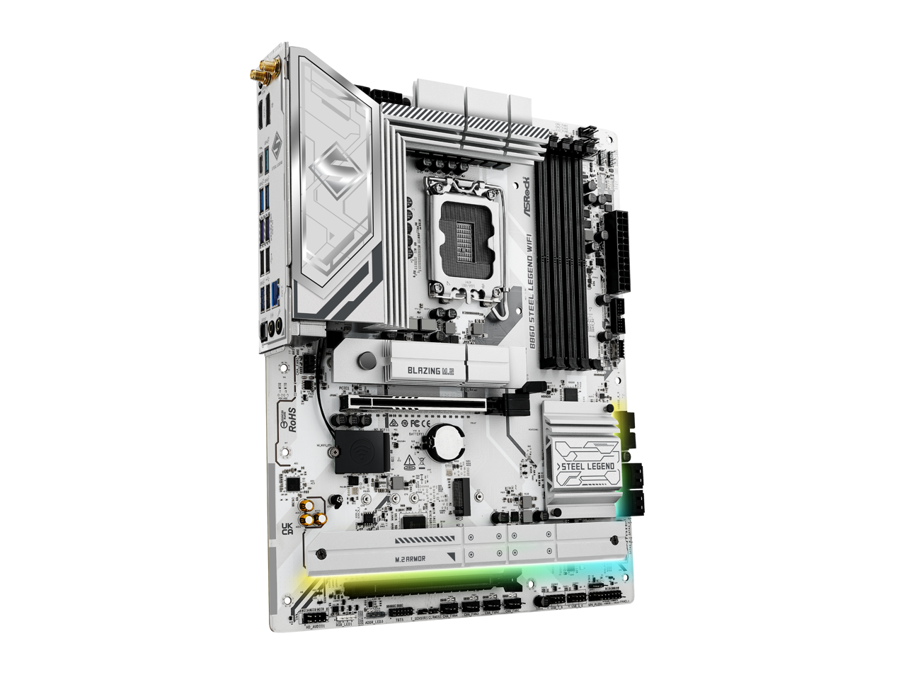 ASRock WIFI LEGEND STEEL BOGO - BLAZING  
- O RoHS  
- A SOFCe  
- CE R C  
- STEEL LEGEND 4  
- UK  
- CR  
- M  
- ARWOR