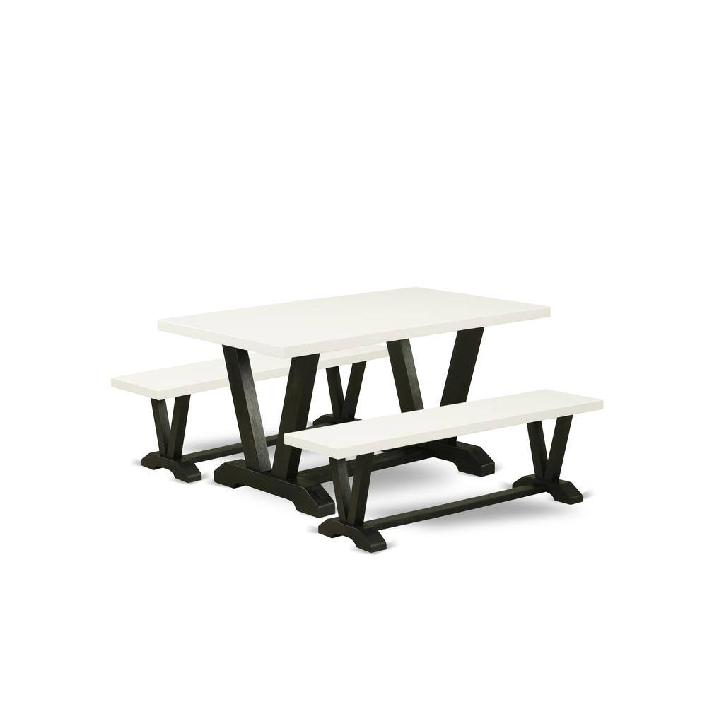 Angle. East West Furniture - East West Furniture V2-626 3 Piece Dining Room Set - 1 Linen White Wood Dining Table and 2 Wood Benches - Stable and - Multi-Color.