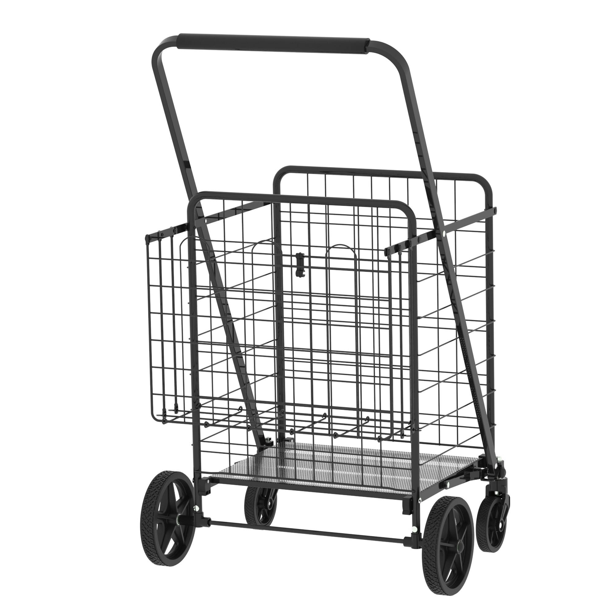 Alt View 9. Glintex - Extra Large Shopping Cart,Foldable Utility Shopping Carts with Double Basket and 360° Rolling Swivel Wheels - Antique Black.
