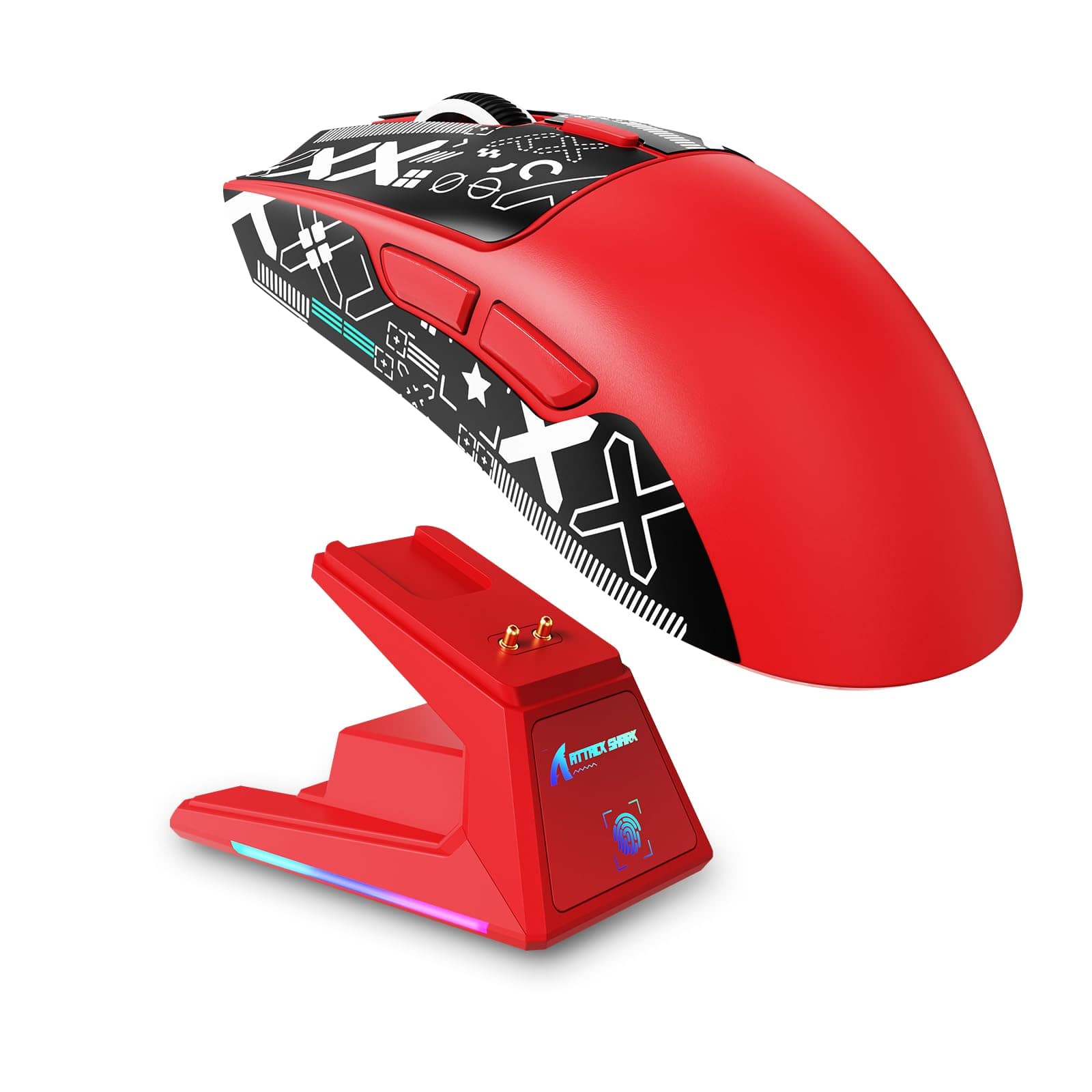 HM 1810 - Attack Shark X1 Gaming Mouse With Rgb Charging Dock Paw3395 Pro Sensor Up To 40k 53g Ultra Tri-mode Compute - Wired - Red&Tape