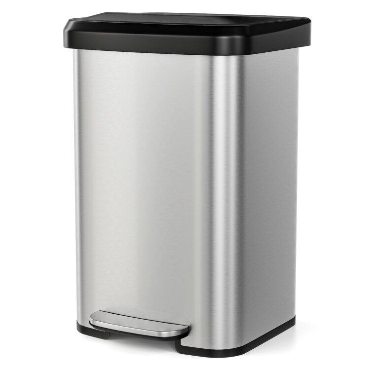 Left. Hivvago - 13-Gallon Silver Stainless Steel Step Trash Can with Soft Close Lid - Silver.