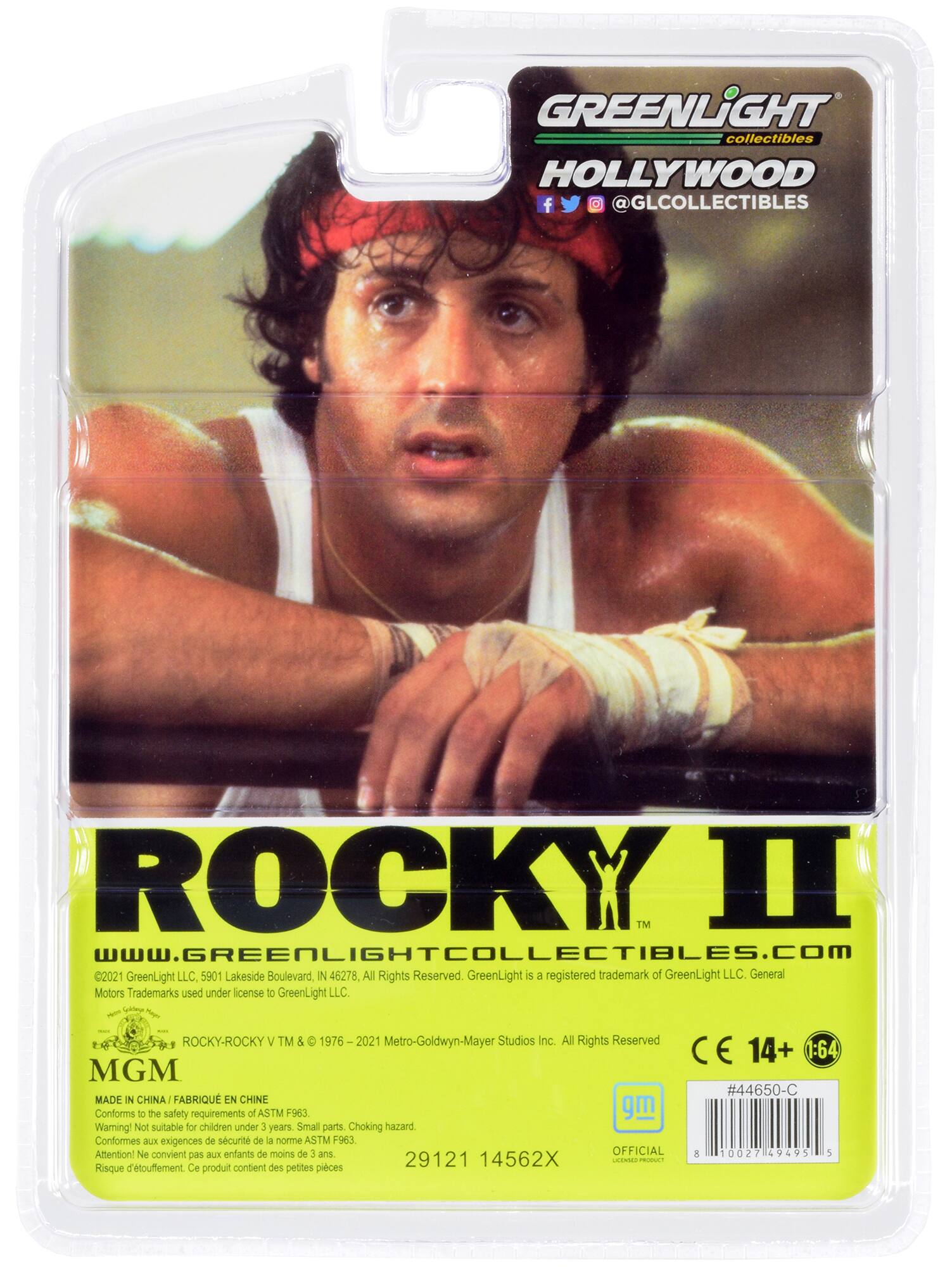 GREENLIGHT collectibles HOLLYWOOD f @GLCOLLECTIBLES ROCKY II WW.GREENLIGHTCOLLECTIBLES.COM 2021 GreenLight LLC, 5901 Lakeside Boulevard N 46278. All Rights Reserved. GreenLight is a registered trademark of GreenLight LLC. General Motors Trademarks used under license to GreenLight LLC. Tinger P ROCKY-ROCKY V TM & 1976 2021 Metro-Goldwyn-Mayer Studios Inc. All Rights Reserved 14+ 1:64 MGM #44650-C MADE IN CHINA FABRIQUÉ EN CHINE Conforms to the safety requirements of ASTM F963 Warning! Not suitable for children under 3 years Small parts Choking hazard Conformes aux exigences de sécurité de la norme ASTM F963 Attention! Ne convient pas aux enfants de moins de 3 ans Risque d'étouffement Ce produit contient des petites pièces