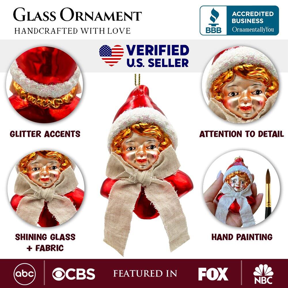 **Glass Ornament**  
Handcrafted with Love

- Verified U.S. Seller
- Accredited Business (BBB)
- OrnamentallyYou

**Features:**
- Glitter Accents
- Shining Glass + Fabric
- Attention to Detail
- Hand Painting

**Featured in:**
- ABC
- CBS
- FOX
- NBC