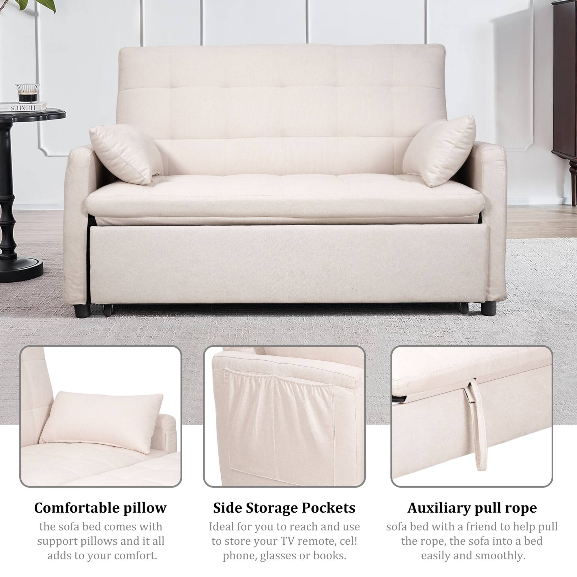 Comfortable pillow  
the sofa bed comes with support pillows and it all adds to your comfort.  

Side Storage Pockets  
Ideal for you to reach and use to store your TV remote, cell phone, glasses or books.  

Auxiliary pull rope  
sofa bed with a friend to help pull the rope, the sofa into a bed easily and smoothly.