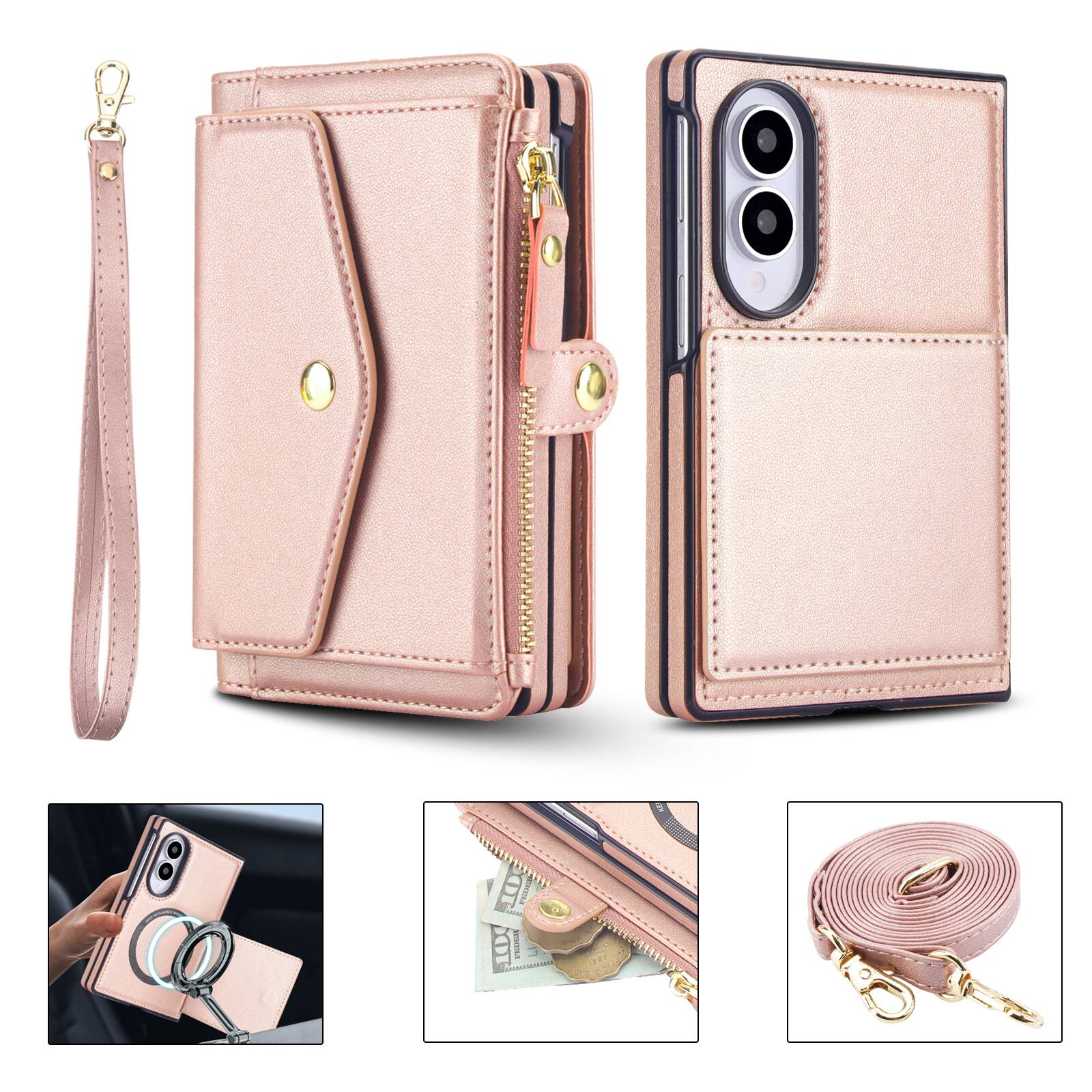 Alt View 4. UUCOVER - Magnetic Leather Detachable Zipper Wallet RFID Blocking Stand Case for Samsung Galaxy Z Fold 8 with Wrist/Shoulder Strap - Rosegold.