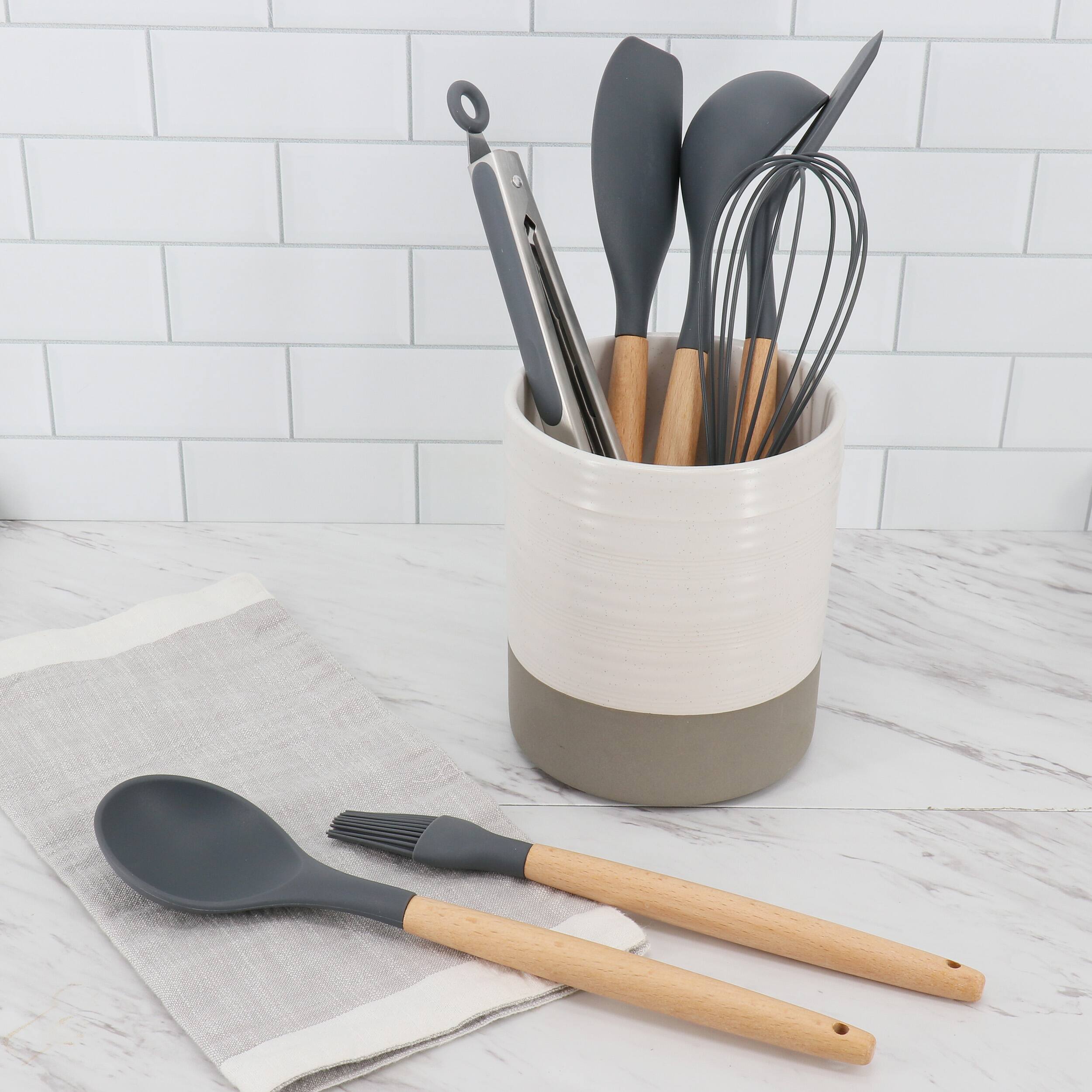 Alt View 4. Gibson - Gibson Home Holton 7 Piece Silicone Beech Wood Kitchen Tool Set in Grey.