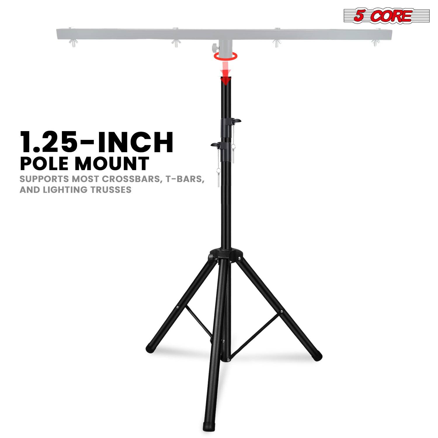 The text on the image can be grouped and corrected as follows:

"5 CORE 1.25-INCH POLE MOUNT SUPPORTS MOST CROSSBARS, T-BARS, AND LIGHTING TRUSSES"