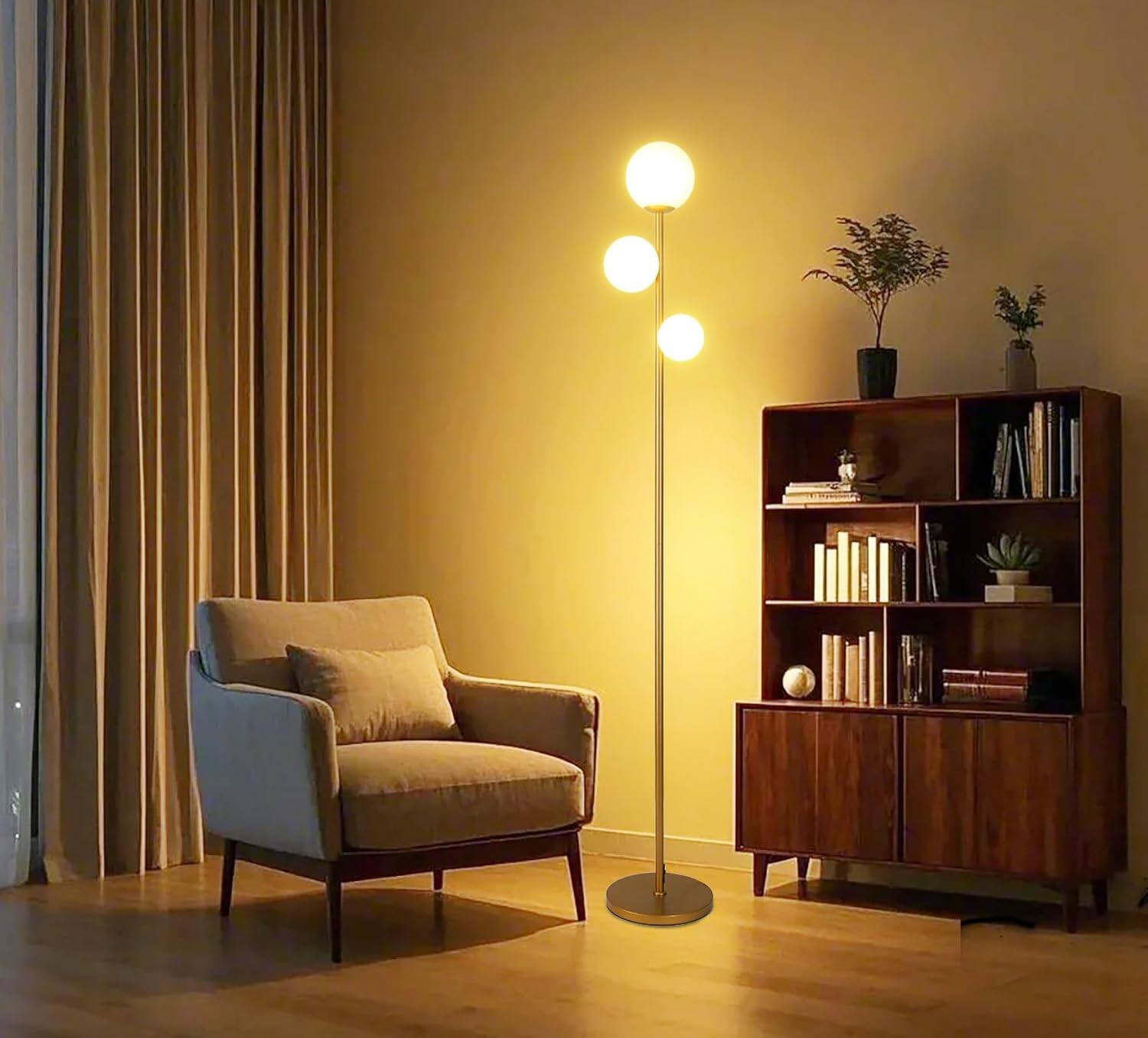 Alt View 2. Cozy Serene - Gold yellow Floor Lamp Lamp Modern LED Vintage Glass Globe Century Living Room Standing with Frosted - 3 Globe Gold.