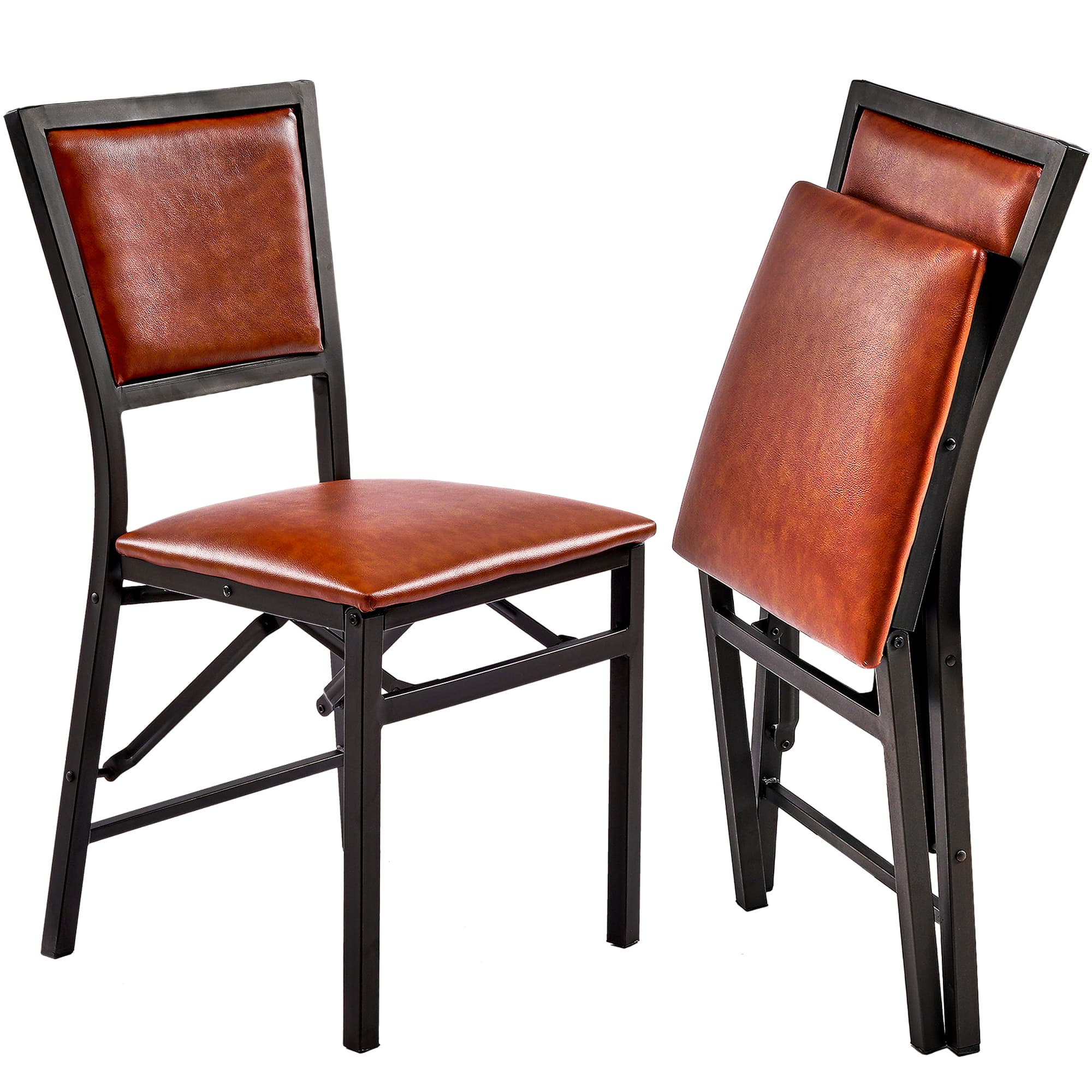 Front. Vecelo - 2-Pack PU Leather Folding Chairs - Dining Chair,300lb Capacity, Padded Seat, Space Saving Foldable Design - Brown.