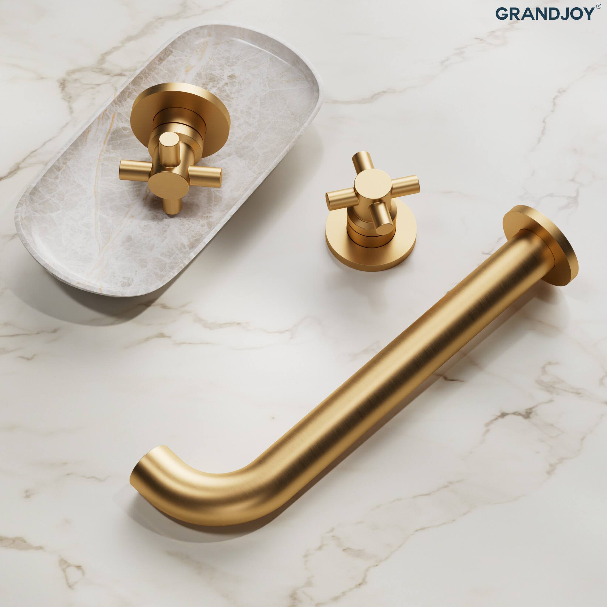 Alt View 9. GRANDJOY - Wall-Mounted Bathtub Faucet Dual Handle Tub Filler High Flow Anti-Fingerprint Finish Modern Bathroom - Brushed Gold.