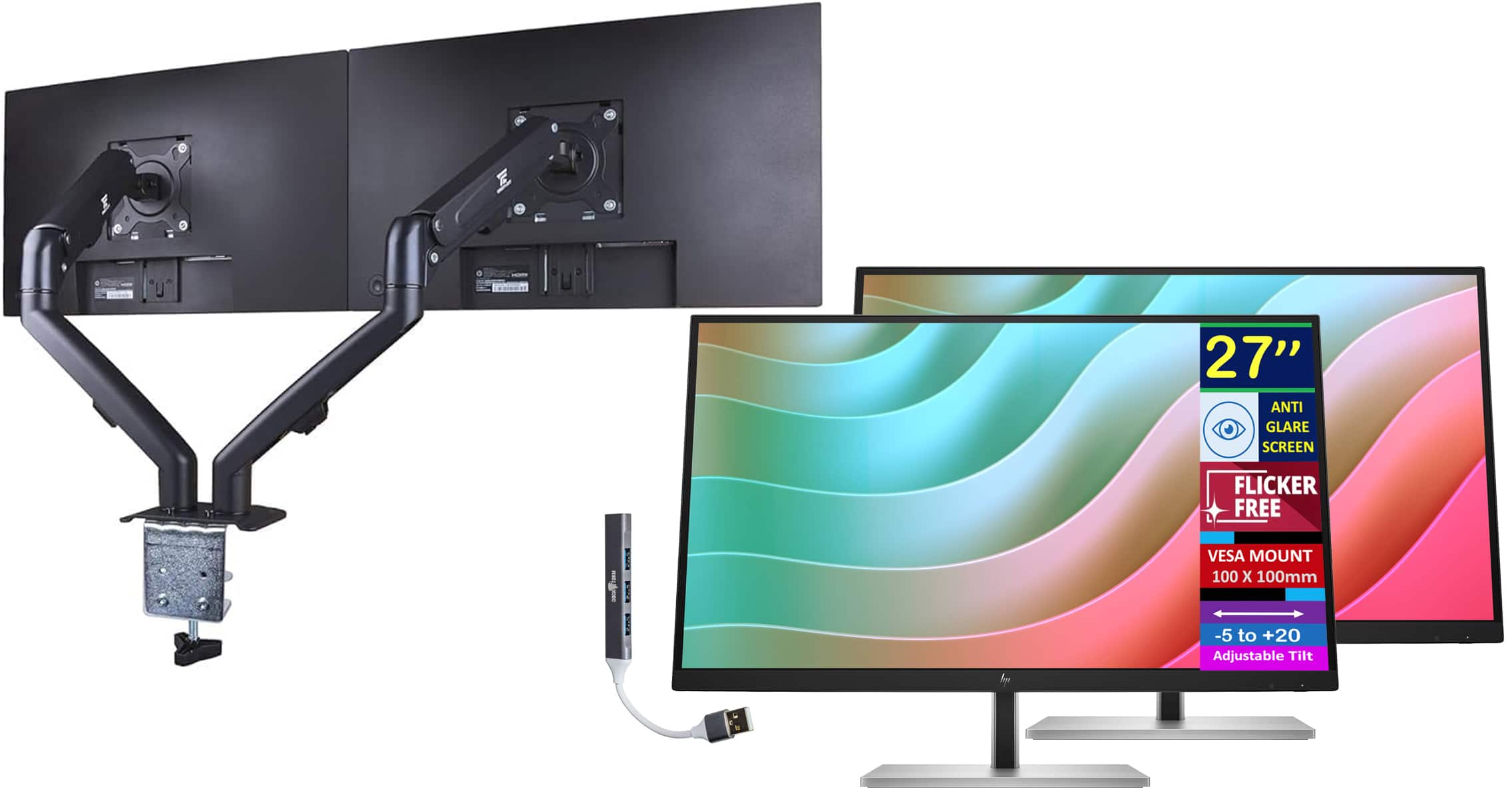 HP - E27k G5 27" 4K UHD IPS USB-C Monitor, Anti-Glare, (6N4C4AA#ABA)2Pack w/DKZ Hub & ErgoFlexy Dual Mount Arm - Black/Silver