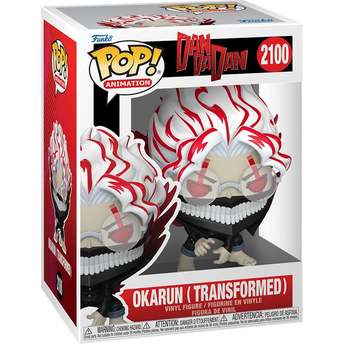 Sure, here is the corrected and grouped text from the image:

---

**Funko POP! ANIMATION**

**DAN DAN DAN**

**2100**

**OKARUN (TRANSFORMED)**

**VINYL FIGURE / FIGURINE EN VINYLE / FIGURA DE VINIL**

**WARNING: CHOKING HAZARD - Small parts. Not suitable for children under 36 months.**

**ADVERTENCIA: PEQUEÑAS PIEZAS. NO ADECUADO PARA NIÑOS MENORES DE 36 MESES.**

**ATTENTION: PELIGRO D'ÉTOUFFEMENT. Petites pièces. Ne convient pas aux enfants de moins de 36 mois.**

**DANGER: CHOKING HAZARD - Small parts. Not suitable for children under 36 months.**

**ADVERTENCIA: PEQUEÑAS PIEZAS. NO ADECUADO PARA NIÑOS MENORES DE 36 MESES.**

**ATTENTION: PELIGRO D'ÉTOUFFEMENT. Petites pièces. Ne convient pas aux enfants de moins de 36 mois.**

---

This text is grouped