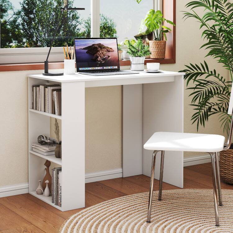Left. SlickBlue - Compact Computer Desk with Built-In Bookshelf for Small Spaces - White.