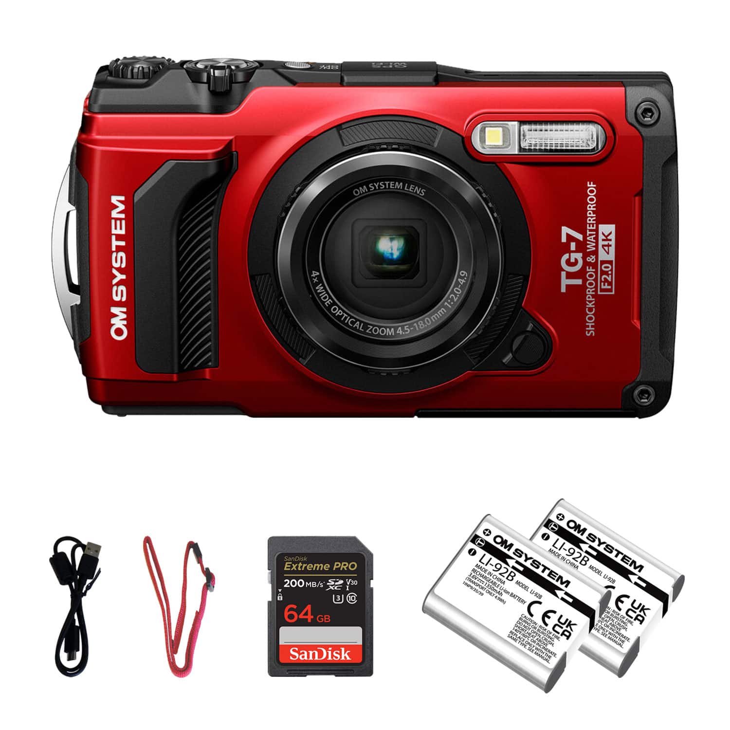 OM System - Tough TG-7 Digital Camera +Li-ion Battery +64GB Memory Card Bundle