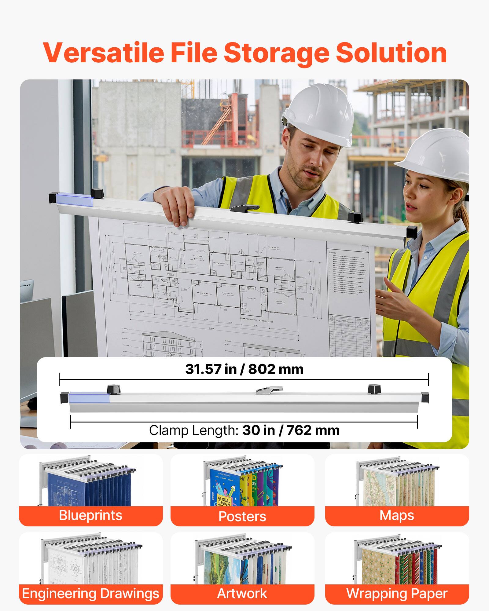 Versatile File Storage Solution  
31.57 in / 802 mm  
Clamp Length: 30 in / 762 mm  

Blueprints  
Posters  
Maps  
Engineering Drawings  
Artwork  
Wrapping Paper