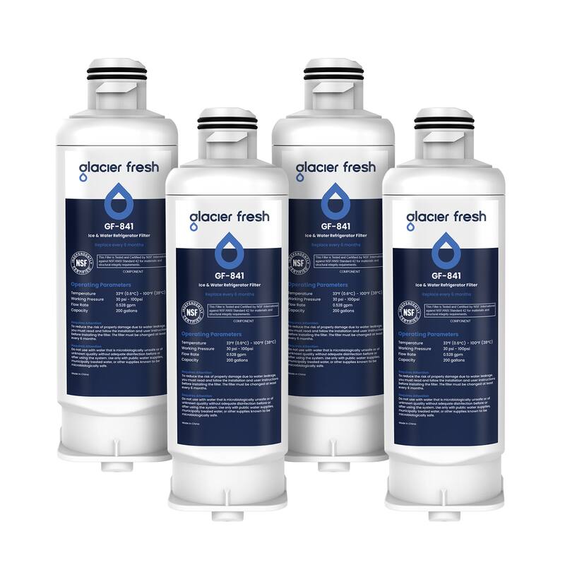 alacier fresh  
GF-841 Ice & Water Refrigerator Filter Replace every 6 months  
NSF COMPONENT  
Operating Parameters  
Temperature 33°F (0.6°C) - 100°F (38°C)  
Working Pressure 20 psi - 100 psi  
Flow Rate 0.528 gpm  
Capacity 200 gallons  

alacier fresh  
GF-841 Ice & Water Refrigerator Filter Replace every 6 months  
NSF COMPONENT  
Operating Parameters  
Temperature 32°F (0°C) - 100°F (38°C)  
Working Pressure 20 psi - 100 psi  
Flow Rate 0.528 gpm  
Capacity 200 gallons  

alacier fresh  
GF-841 Ice & Water Refrigerator Filter Replace every 6 months  
NSF COMPONENT  
Operating Parameters  
Temperature 33°F (0.6°C) - 100°F (38°C)  
Working Pressure 20 psi - 100 psi  
Flow Rate 0.528 gpm  
Capacity 200 gallons  

alacier fresh  
GF-841 Ice & Water