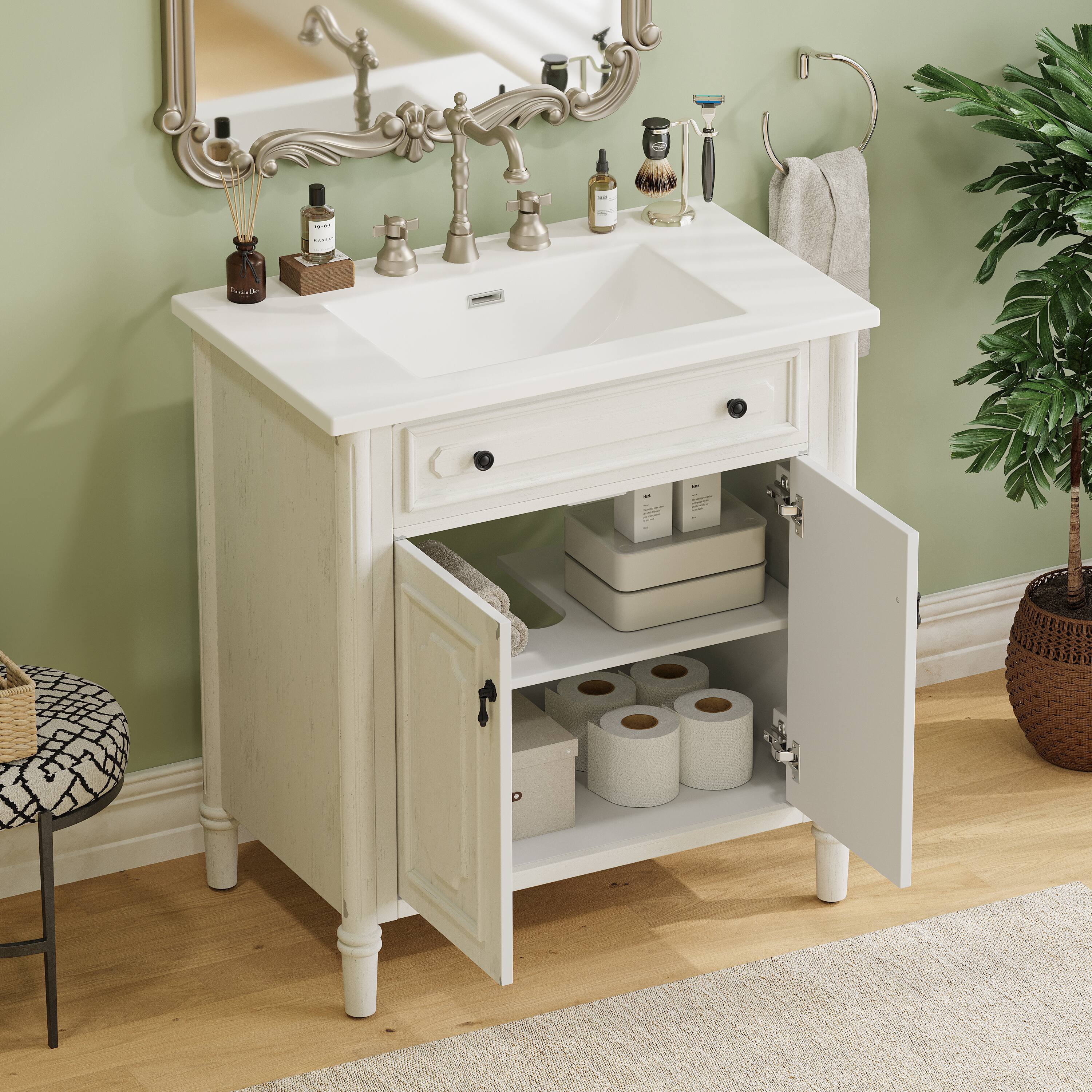 Alt View 1. Loheer - 2.58 ft Vintage Bathroom Vanity with Sink, Soft Close Cabinet, Adjustable Shelf, Rustic Bath Room - Ancient White.
