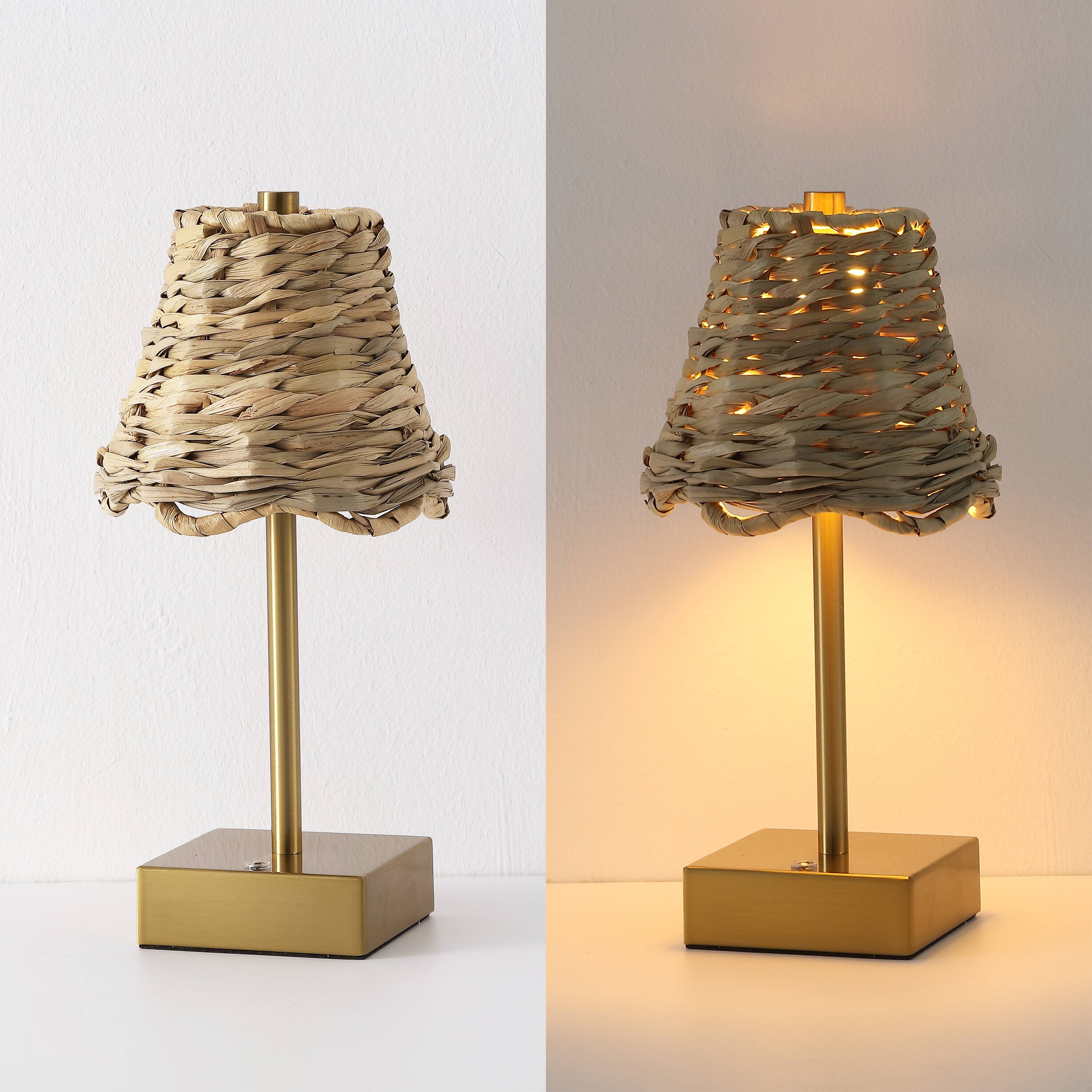 Alt View 5. Jonathan Y - Willow 11" Coastal Cordless Rechargeable Table Lamp Set of 2, Brass Gold with Brown Water Hyacinth Shade, Touch Dimmer - Brass Gold.
