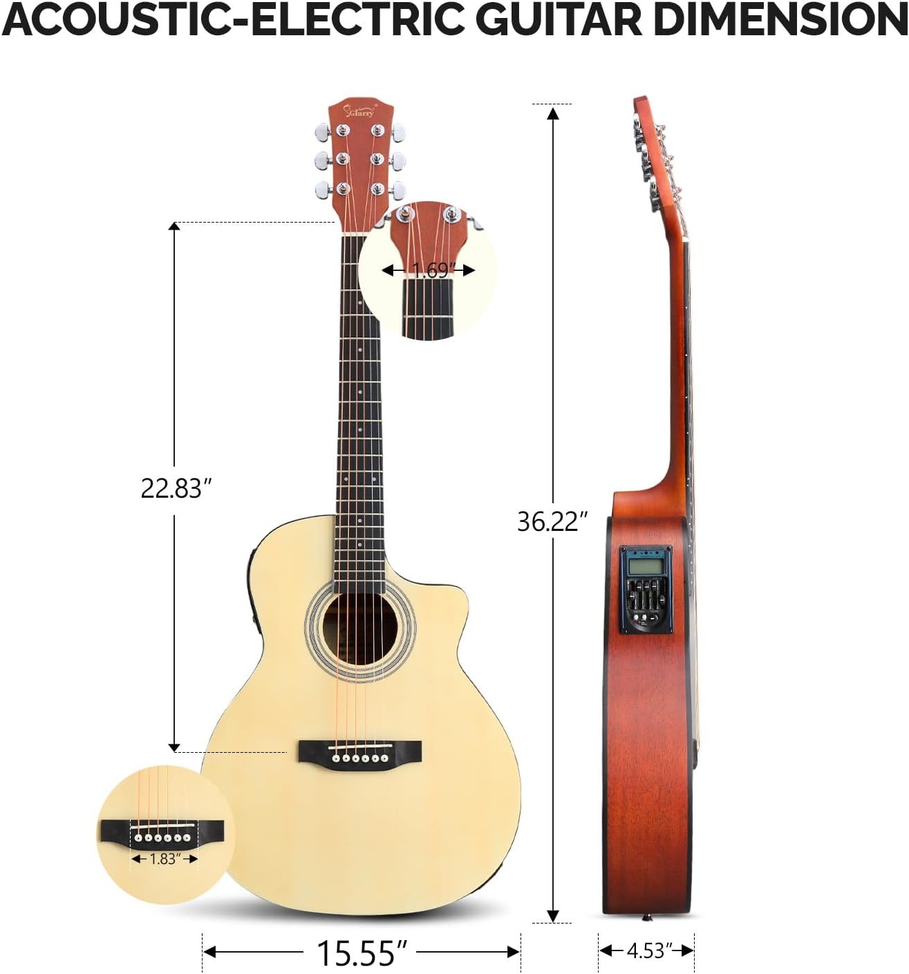 ACOUSTIC-ELECTRIC GUITAR DIMENSION

- Neck Width at Nut: 1.69"
- Body Width at Bottom: 15.55"
- Body Depth at Bottom: 4.53"
- Body Length: 36.22"
- Scale Length: 22.83"
- Bridge Width: 1.83"