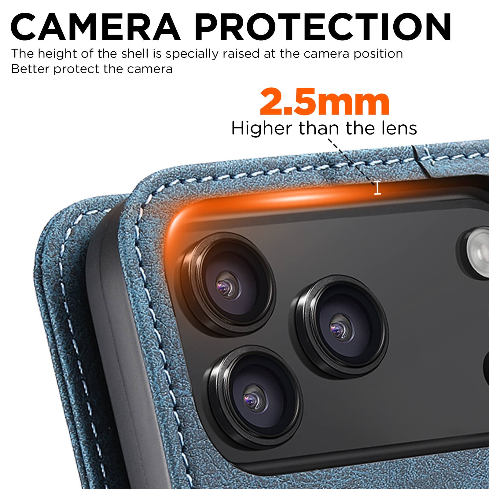 CAMERA PROTECTION  
The height of the shell is specially raised at the camera position  
Better protect the camera  

2.5mm  
Higher than the lens