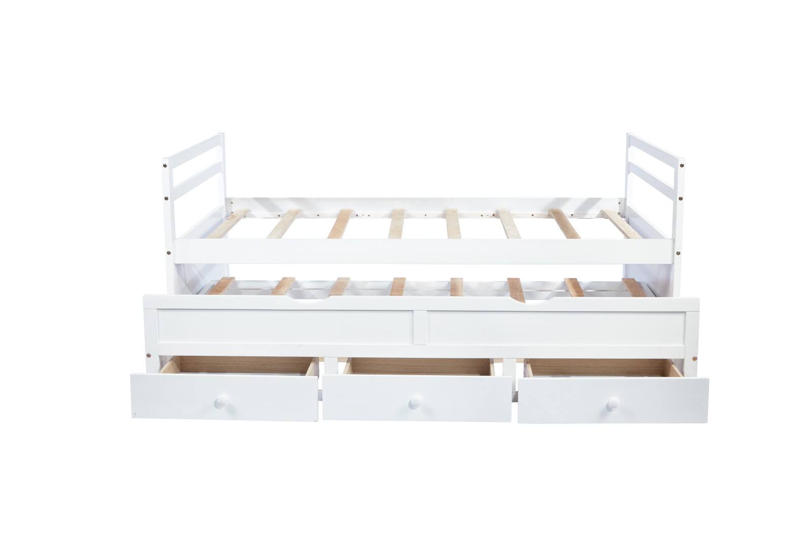 Alt View 8. Ecooso - Twin Size Bed with Headboard, Footboard, Trundle and Three Storage Drawers, Twin Size Pine Wood Bed with Headboard - White.