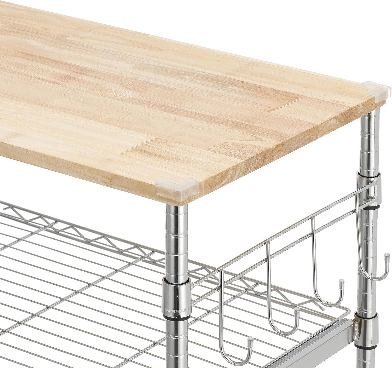 Alt View 4. Finnhomy - Finnhomy 3-Tier Rolling Kitchen Cart – 18" D x 30" W Oak Wood Top with Slider Shelf & Wheels, Chrome - Chrome.