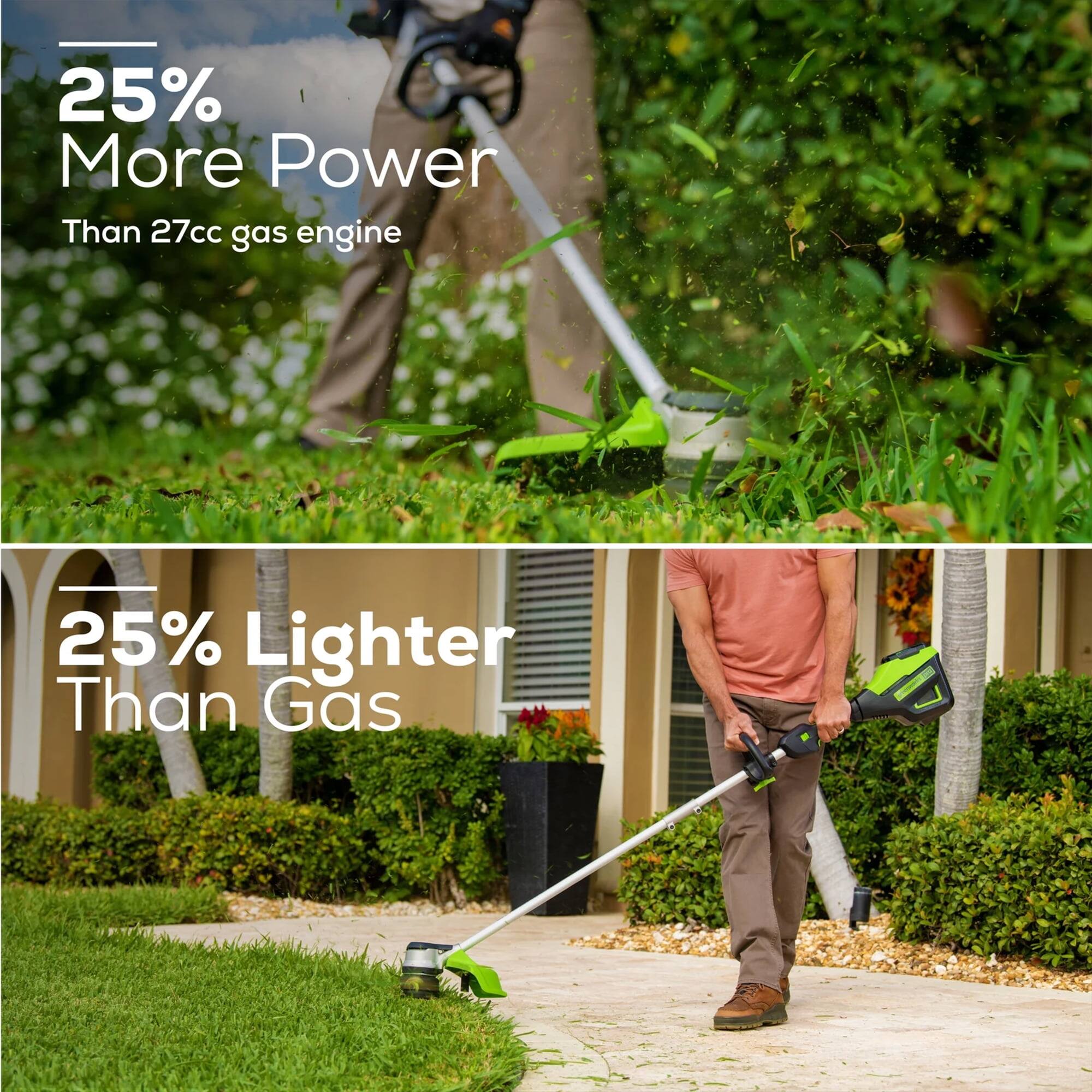 25% More Power  
Than 27cc gas engine  

25% Lighter  
Than Gas