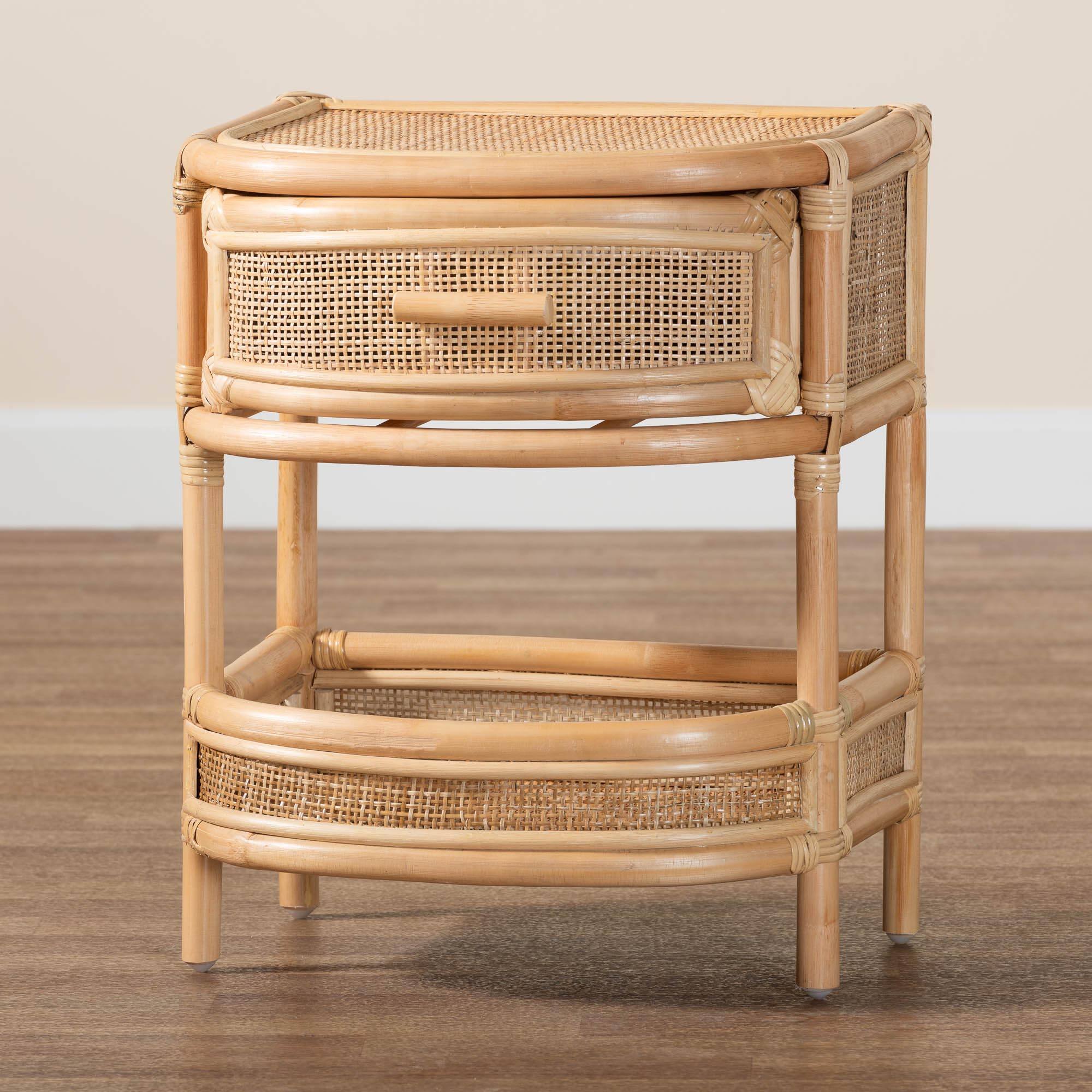 Alt View 5. bali & pari - Divitia Bohemian Natural Rattan 1-Drawer Nightstand - Natural.