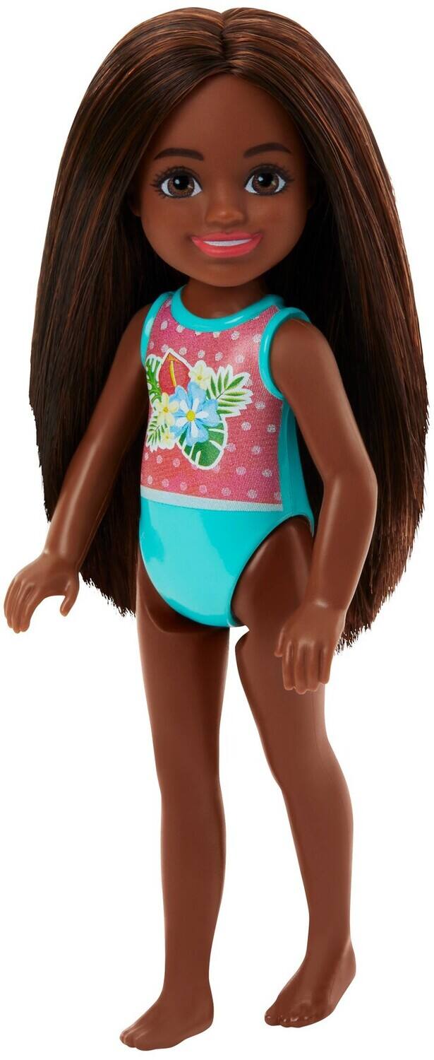 Front. Mattel - Barbie Chelsea Small Doll with Swimsuit, Floral Print, Brown Hair   - COLLECTIBLES - Multicolor.