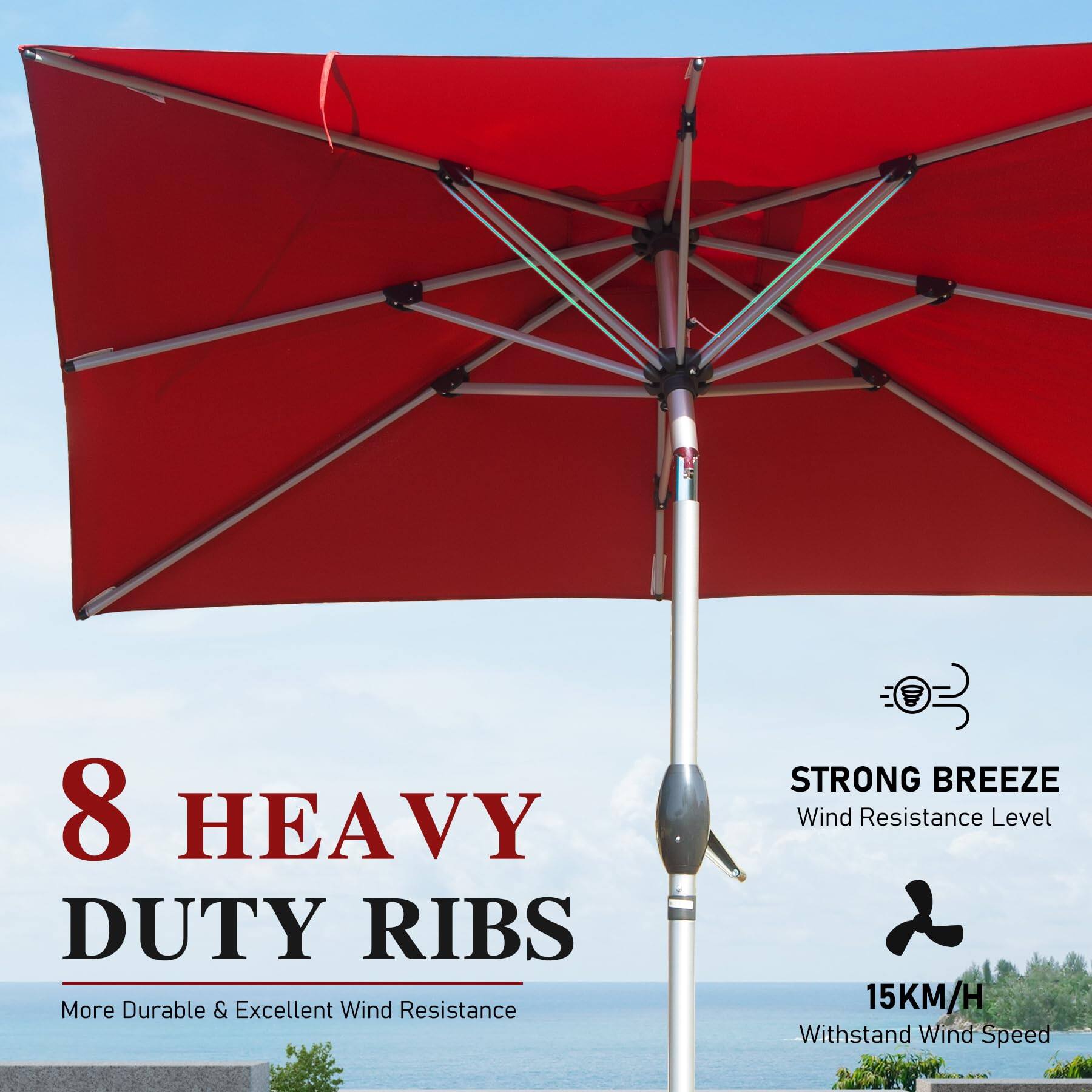8 HEAVY DUTY RIBS  
More Durable & Excellent Wind Resistance  

STRONG BREEZE  
Wind Resistance Level  

15KM/H  
Withstand Wind Speed