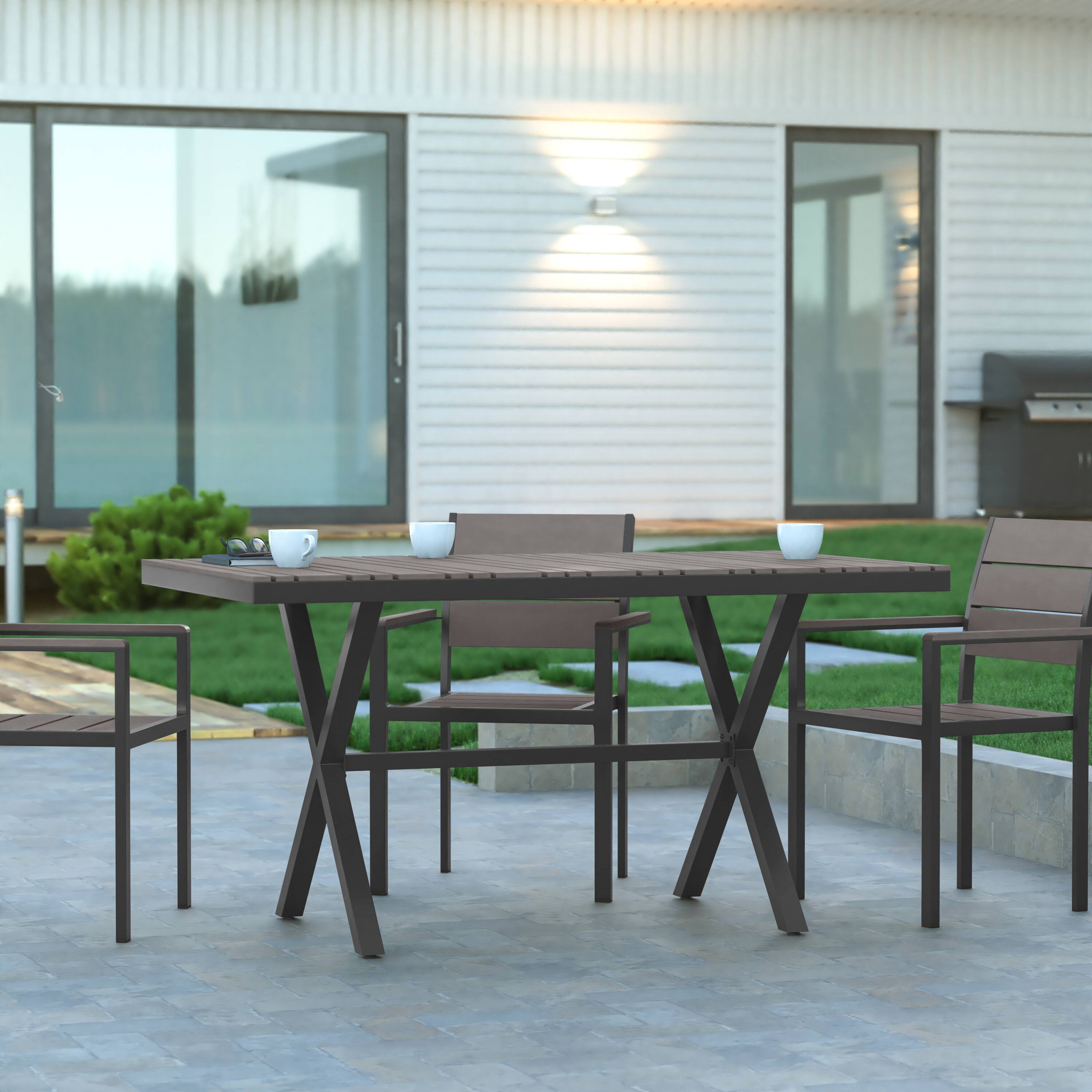 Alt View 1. Emma + Oliver - Fena 59" x 35.5" Outdoor X-Frame Dining Table with Faux Teak Poly Slat Top and Metal Frame - Gray Top/Gray Frame.