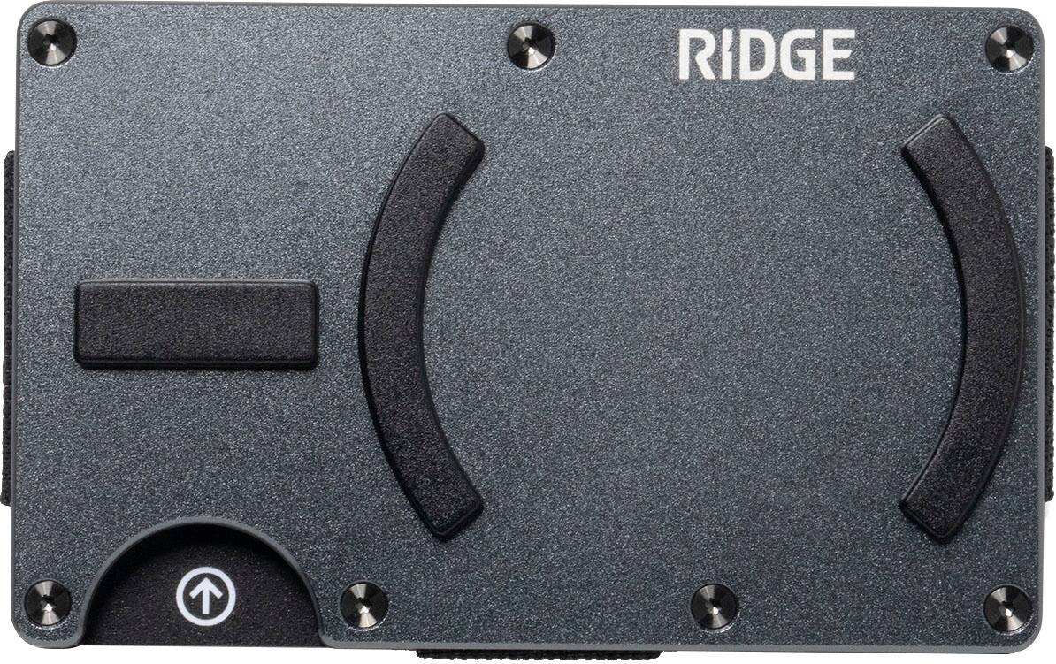 Front. The Ridge Wallet - Gunmetal MagSafe Wallet Cash Strap - Silver.