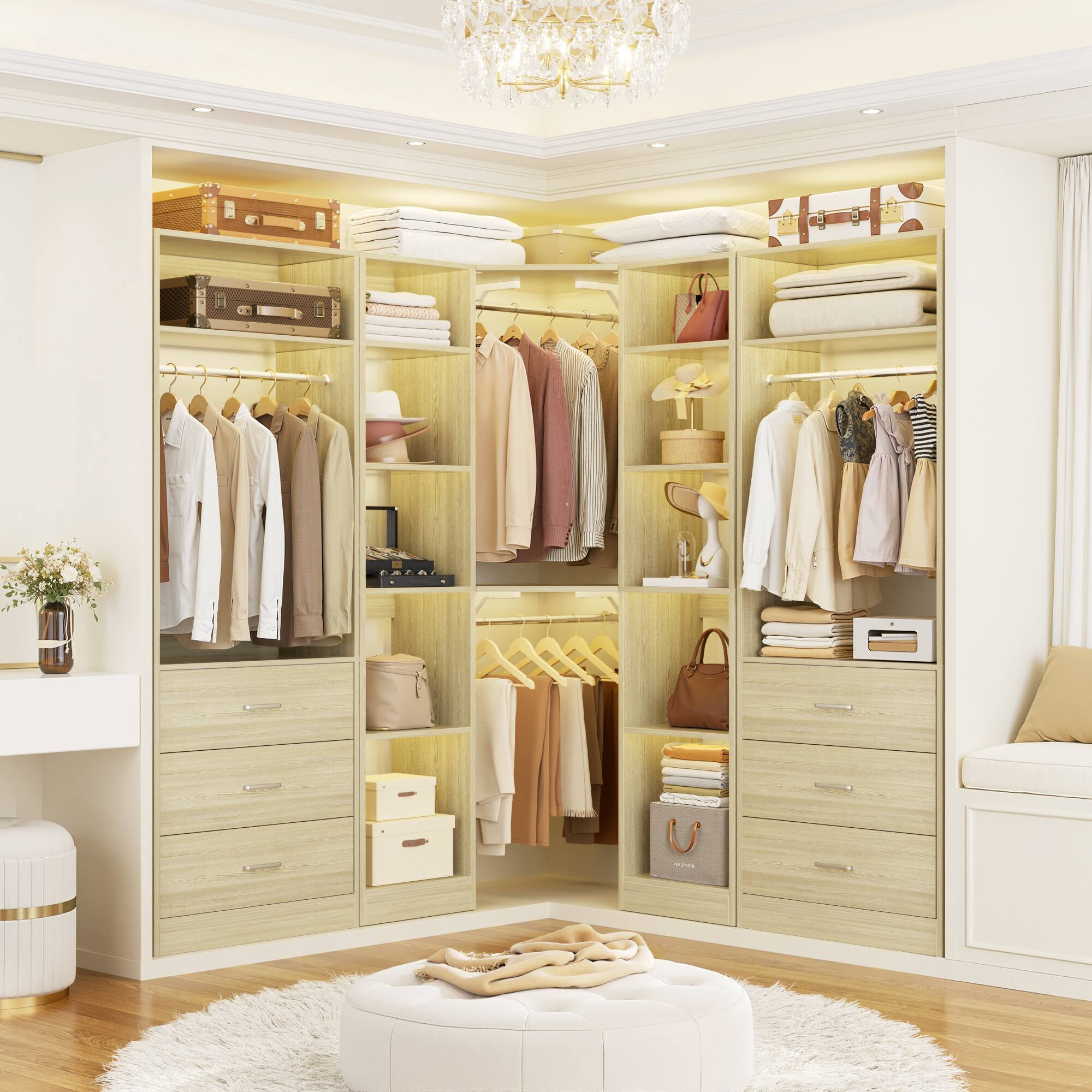 Left. Aheaplus - Reversible L Shaped Corner Walk-in Closet System - 6 Drawers, 20+ Shelves, 4 Hanging Rods, 2500+LBS Load,63.2"L-87.2"L. - White Oak.